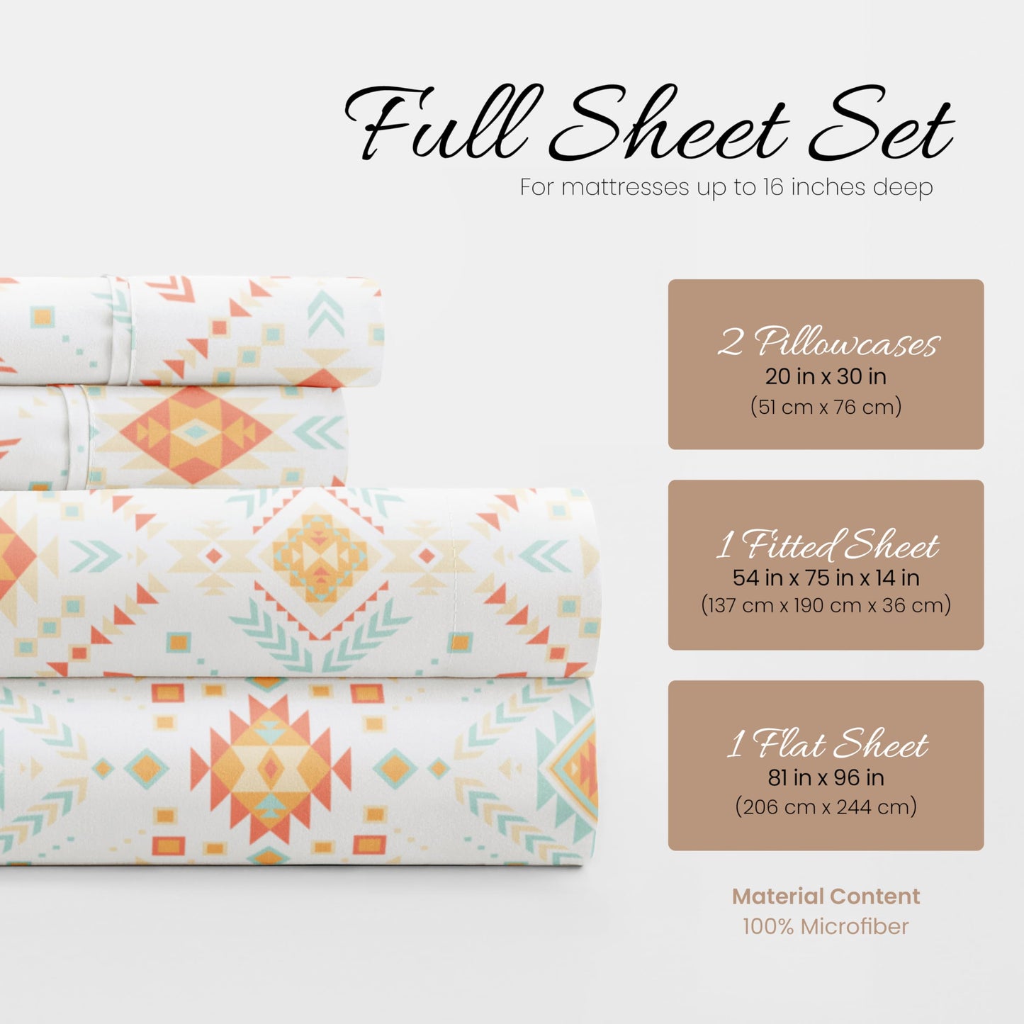 Linen Market Double-Brushed Patterned Microfiber Full Sheet Set 4 Piece – Oeko-TEX Certified Ultra Soft & Wrinkle-Free - 16" Deep Pocket Sheets - Easy Care Full Size - Aztec Dreams Coral