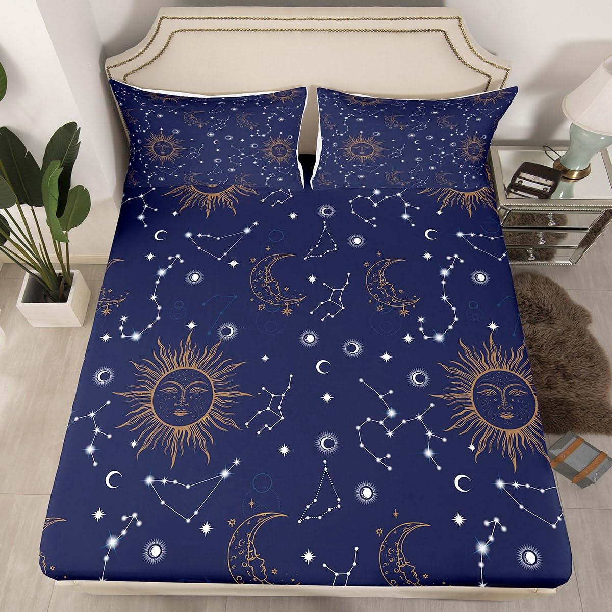Castle Fairy Golden Sun Moon Fitted Sheet Set Full Size 4 Pcs,Stars Planets Bedding Set(1 Fitted,1 Flat,2 Pillowcases),Navy Blue Universe Luxury Deep Pocket Bed Sheets for Girls Teesn Room
