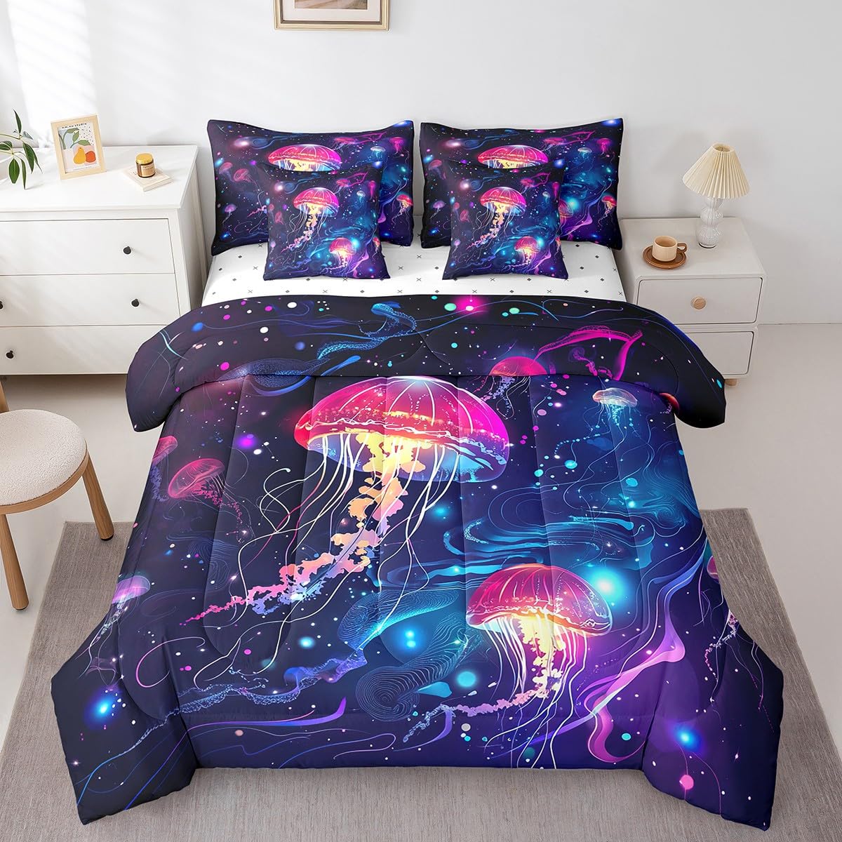 jejeloiu Jellyfish Comforter Set 7 Pieces Full Size Kids Ocean Creature Themed Bed in a Bag for Boys Girls Sea Bedding Set Marine,Comforter + Sheets + Pillowcases + Cushion Covers