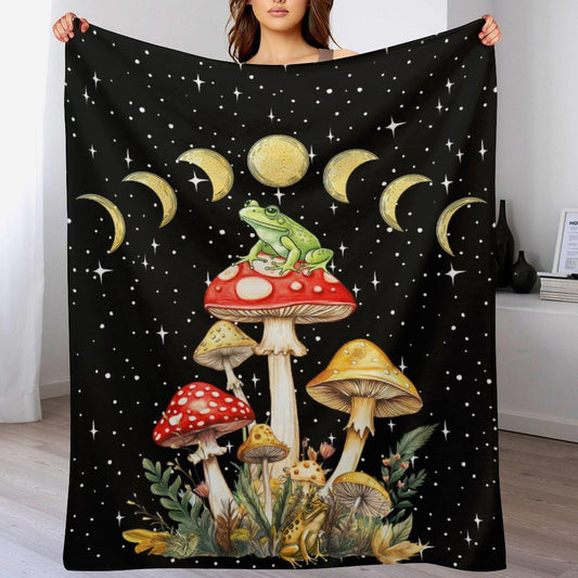 Mystical Frog and Mushroom Throw Blanket for Teens Boys Girls and Adults Soft Warm Cozy Funny Food Midweight Flannel Blankets for Couch Sofa Bed Camping Travel Home Decor 40" X 50"
