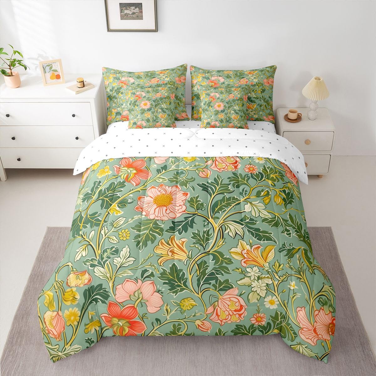 Erosebridal Lotus 7 Piece Bedding Set Twin Floral Comforter Set with Sheets Farmhouse Plant Leaves Botanical for Kids Boys Girls Pink Flowers Petals Daisy Bed in a Bag