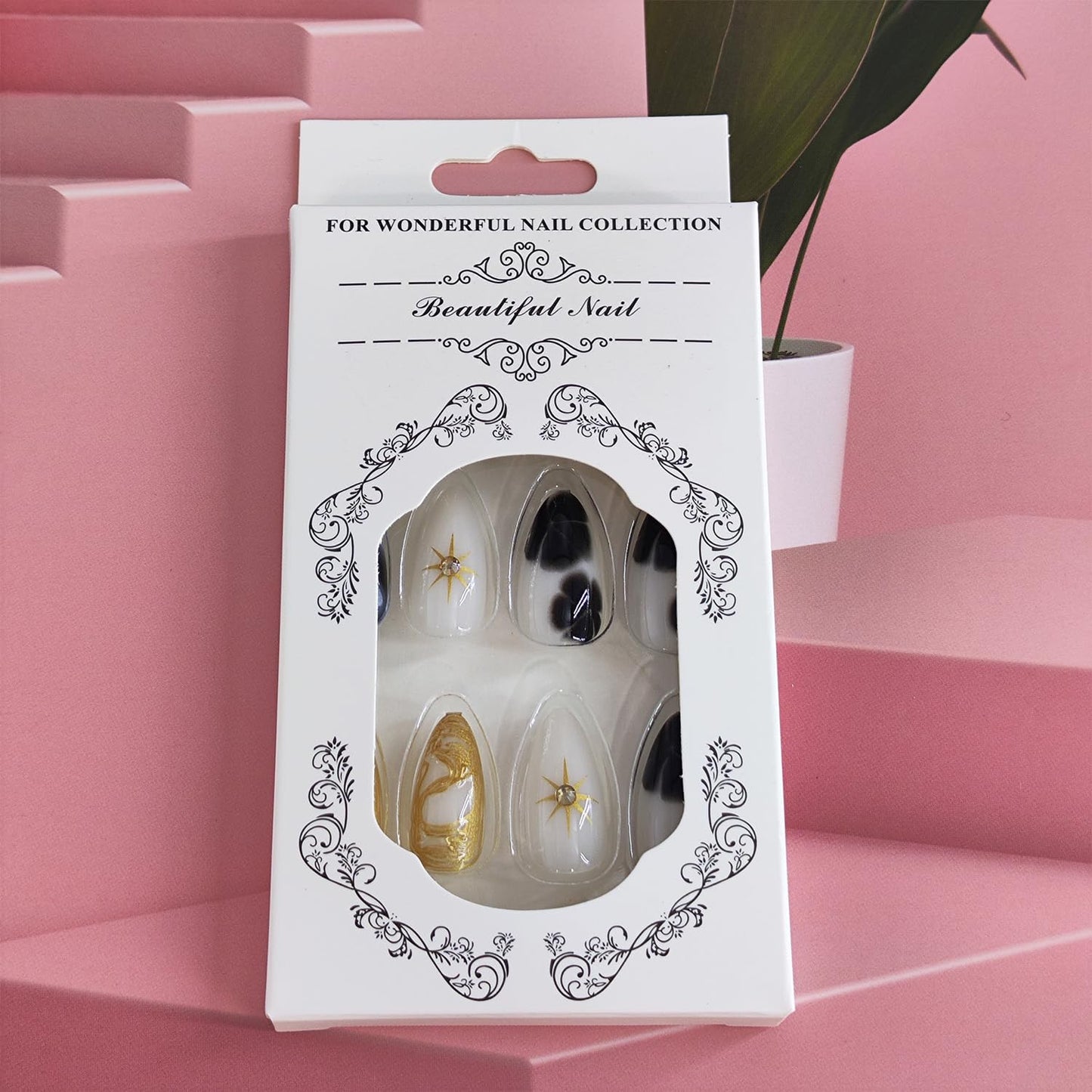 Black Press on Nails Short Almond Fake Nails with 3D Star Rhinestones Gold Stripes Designs Glossy Flowers Glue on Nail Reusable Artificial Acrylic Full Cover Stick on False Nail for Women 24Pcs