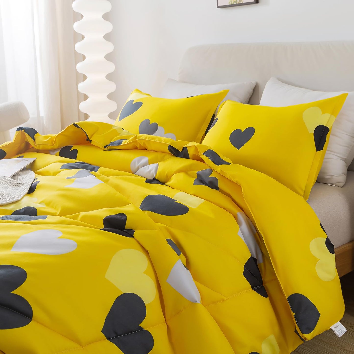 Caressma Twin Size Comforter Set for Boys Farmhouse Yellow Bedding Set with Black Heart All Season Fluffy Soft Lightweight(1 Comforter & 1 Pillowshams)