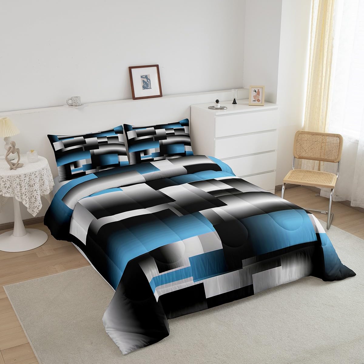 Feelyou Black Blue Geometric Comforter Set Kids Rendering Abstract Art Comforter for Women Men Rectangle Bedding Set Modern Duvet Set Room Decor Quilt Queen Size Boys