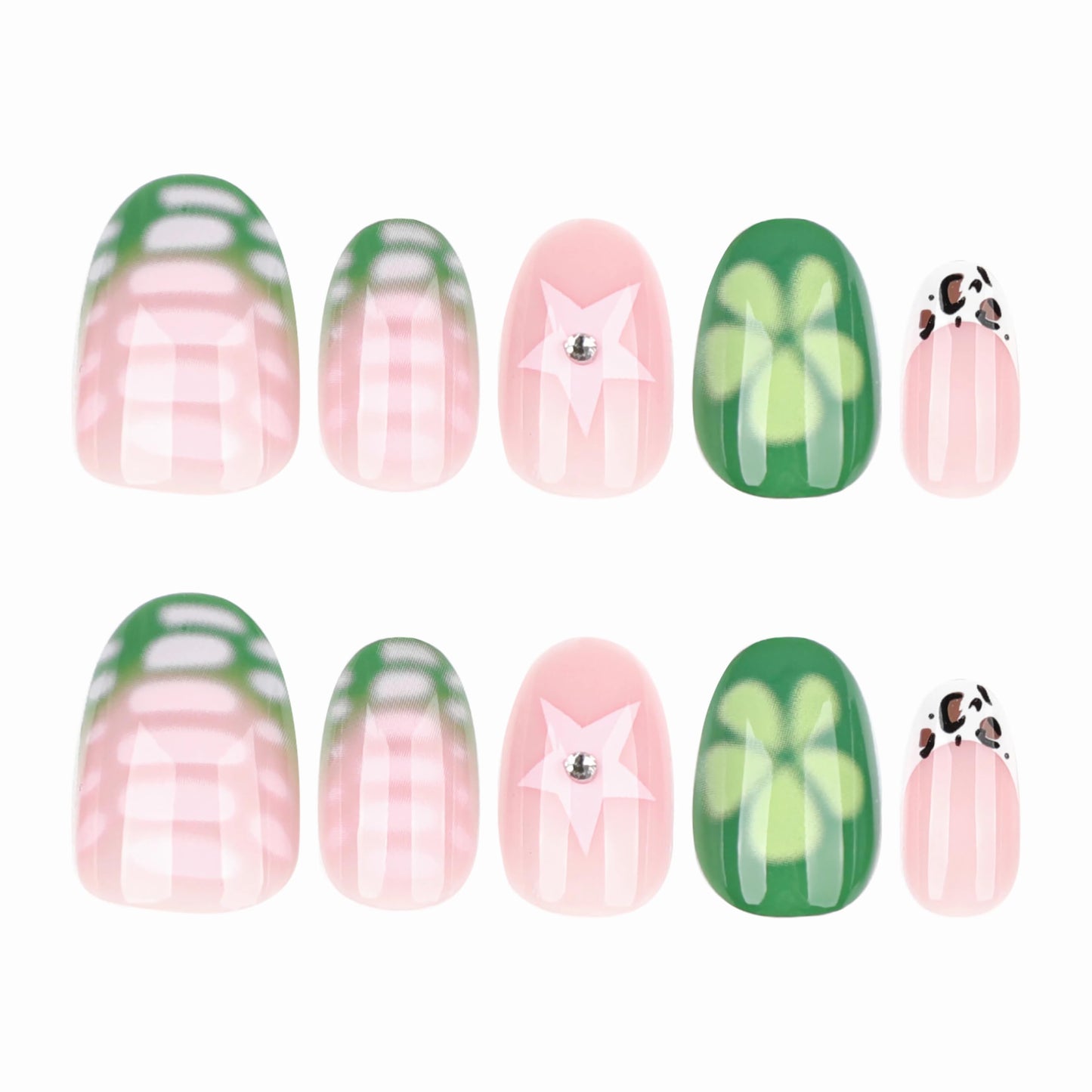 BABALAL Press on False Nails Short Oval Fake Nails Green French Tip Glue on Acrylic nails Flower Star Y2k Cow Print with Design 24Pcs Round Full Cover Stick on for Women Girls