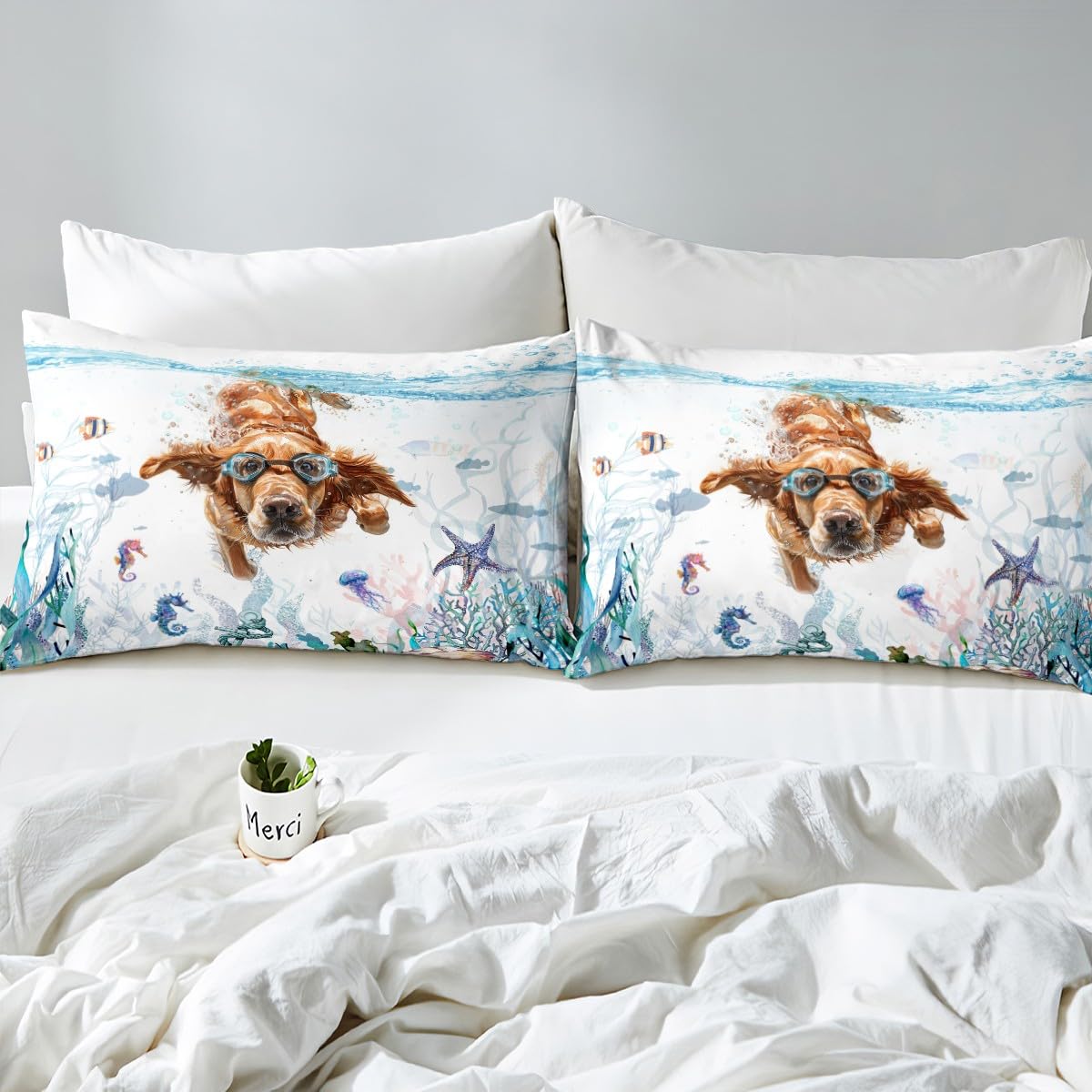 Feelyou Cute Dog Bed Sheet Set Boys Girls Twin Size Kawaii Animals Fitted Sheet for Kids Women Men Ocean Bedding Set Puppy Dog Bed Cover Deep Pocket Room Decor Bed Set