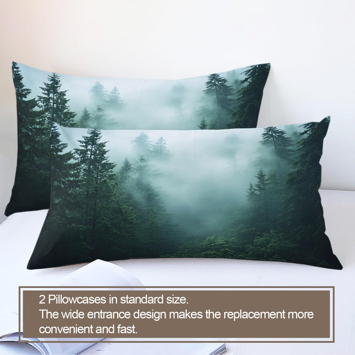 GKPLY Misty Pine Forest Duvet Cover Cal King, Foggy Mountain Bedding Sets, Woodland Landscape Comforter Set, Zipper & Ties, Calm Nature Duvet Cover & 2 Pillow Cases, Reversible Print