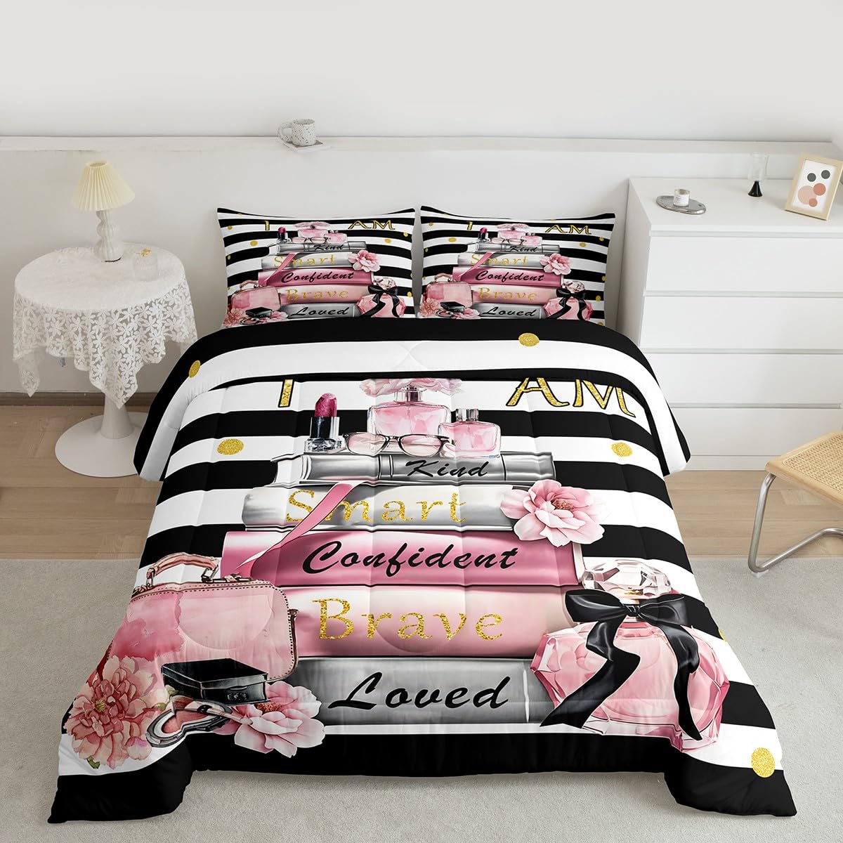 Erosebridal Pink Fashion Comforter King Size for Girls Kids Girly Modern Inspirational Quotes Bedding Set Women Abstract Black White Stripes Bed Set Magazine Books Floral Perfume Makeup Duvet Insert