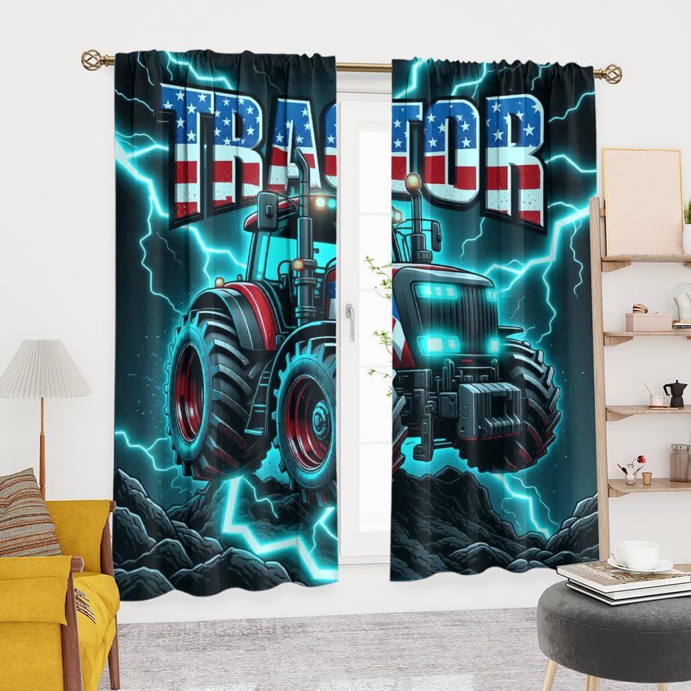 KuracleGH Cool Modern Tractor Curtains for Bedroom,Patriotic American Flag Room Darkening Blackout Window Treatment,Cartoon Sports Themed Truck Rod-Pocket Privacy Curtains,2pcs,Each 21“W x 45”L
