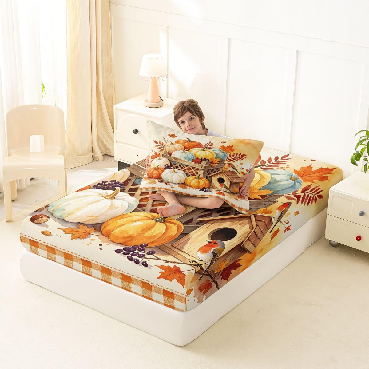 Erosebridal Harvest Pumpkin Bed Sheets Twin Size Orange Gingham Geometric Checkered Sheet Set Teens Adults Autumn Maple Leaf Bedding Set Happy Fall Thanksgiving Sheets