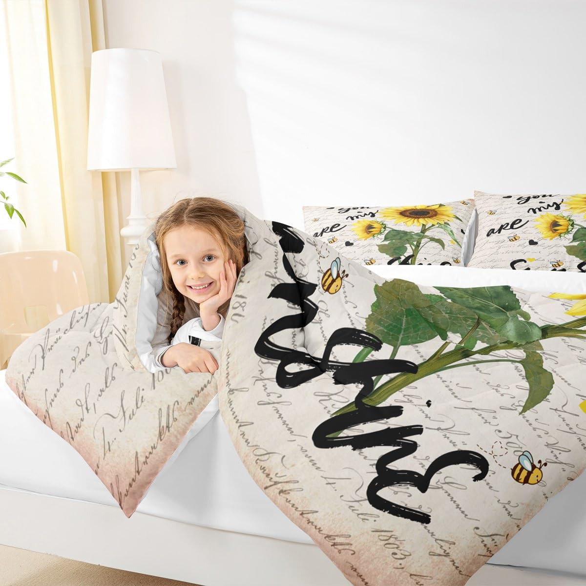 Sunflower Bedding Set Twin Size,Black Sketch Sunshine Graffiti Comforter Set 2pcs for Kids Teens Adults Home Room Decor,Rustic Farmhouse Bee Quilt Set Nature Plants Animals Duvet Insert