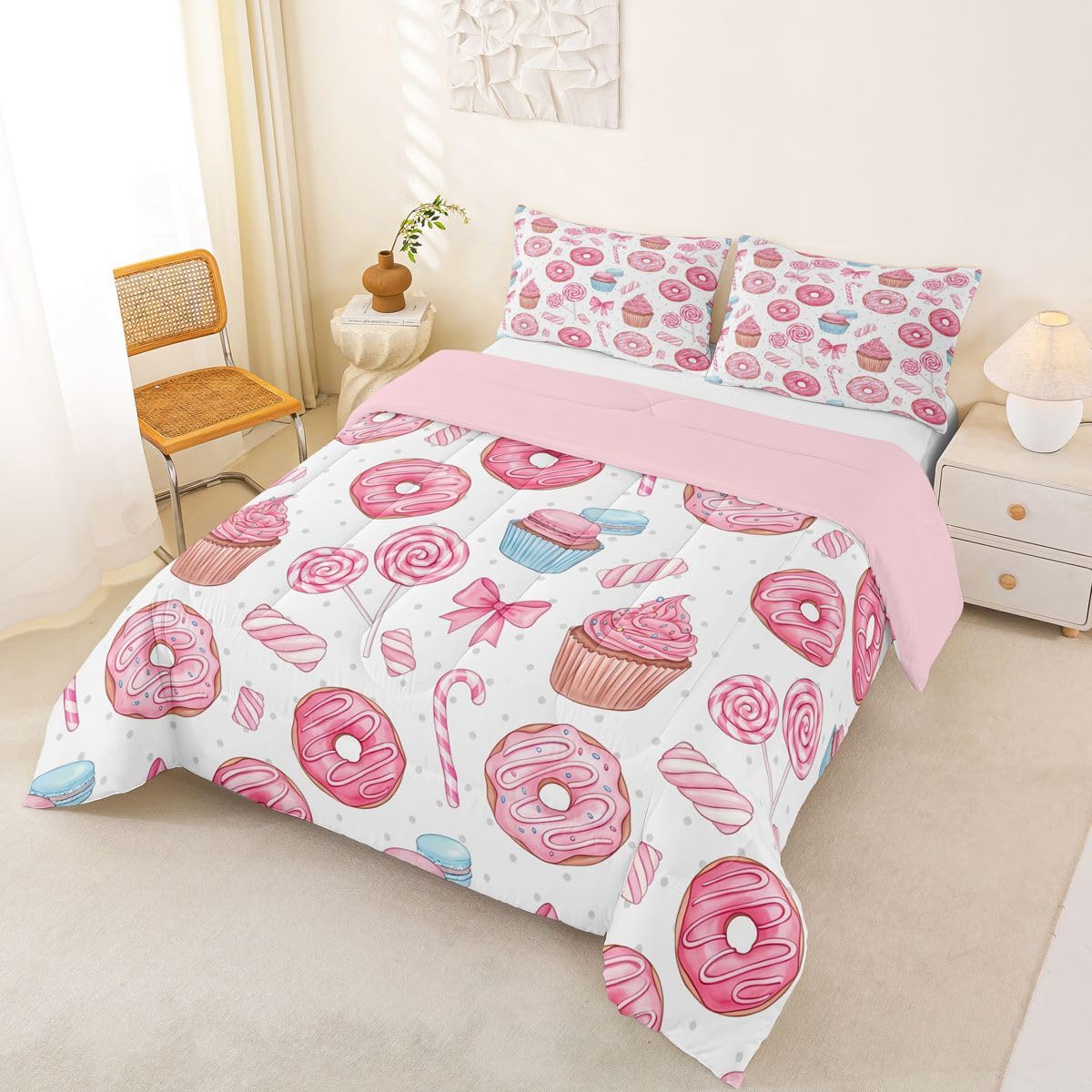 Manfei Pink Doughnut Bows Comforter Set 2Pcs Cartoon Lollipop Candy Twin Size Bedding Set Dreamy Girly Dessert Duvet Insert for Kids Girls Adult Room Decor(1 Comforter,1 Pillowcase) Chocolate Donut