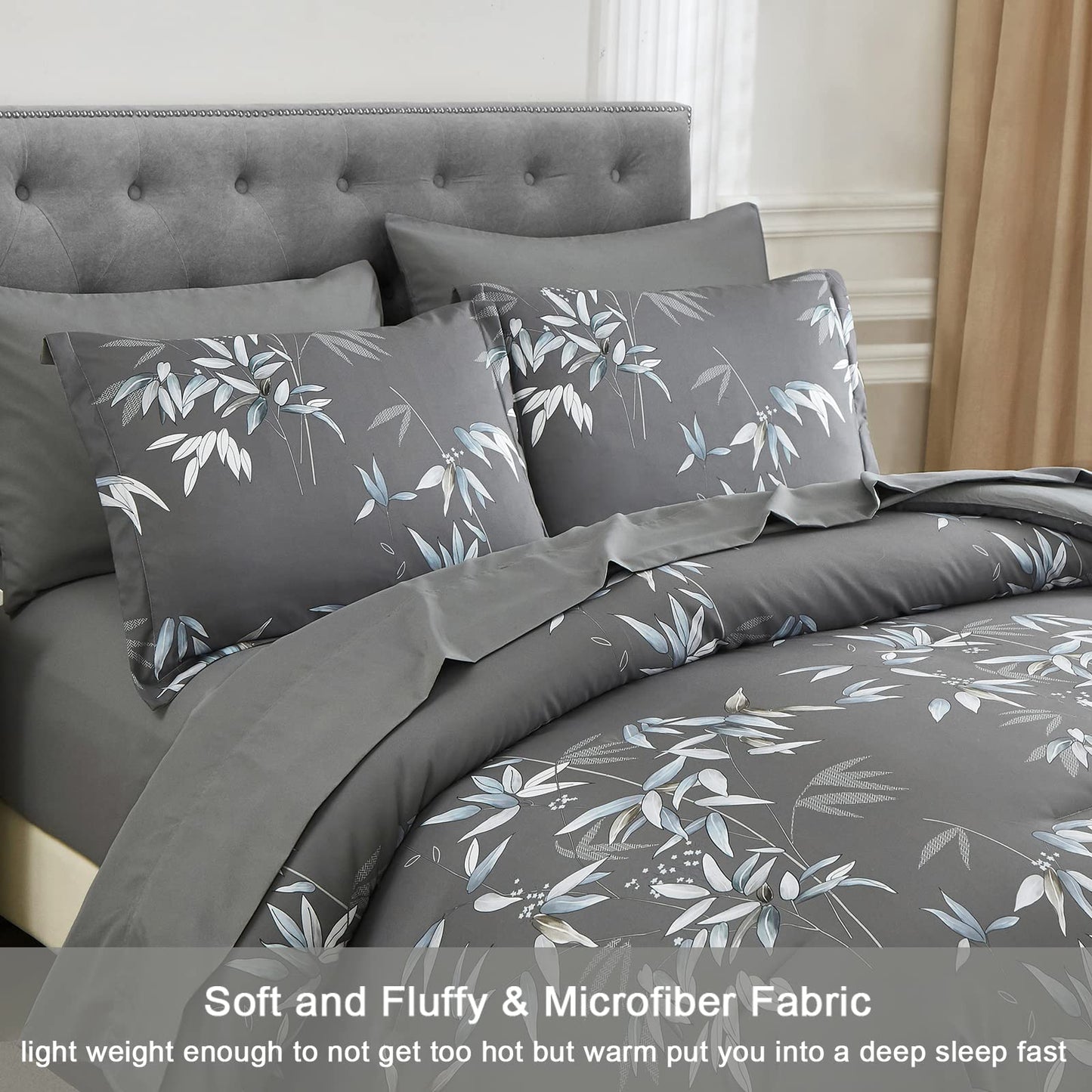 LXWORX Grey Queen Comforter Set - 7 Pieces Bed in a Bag Bedding Set, Soft Lightweight Microfiber Grey Comforter with Sheets and Pillow Shams, All Season