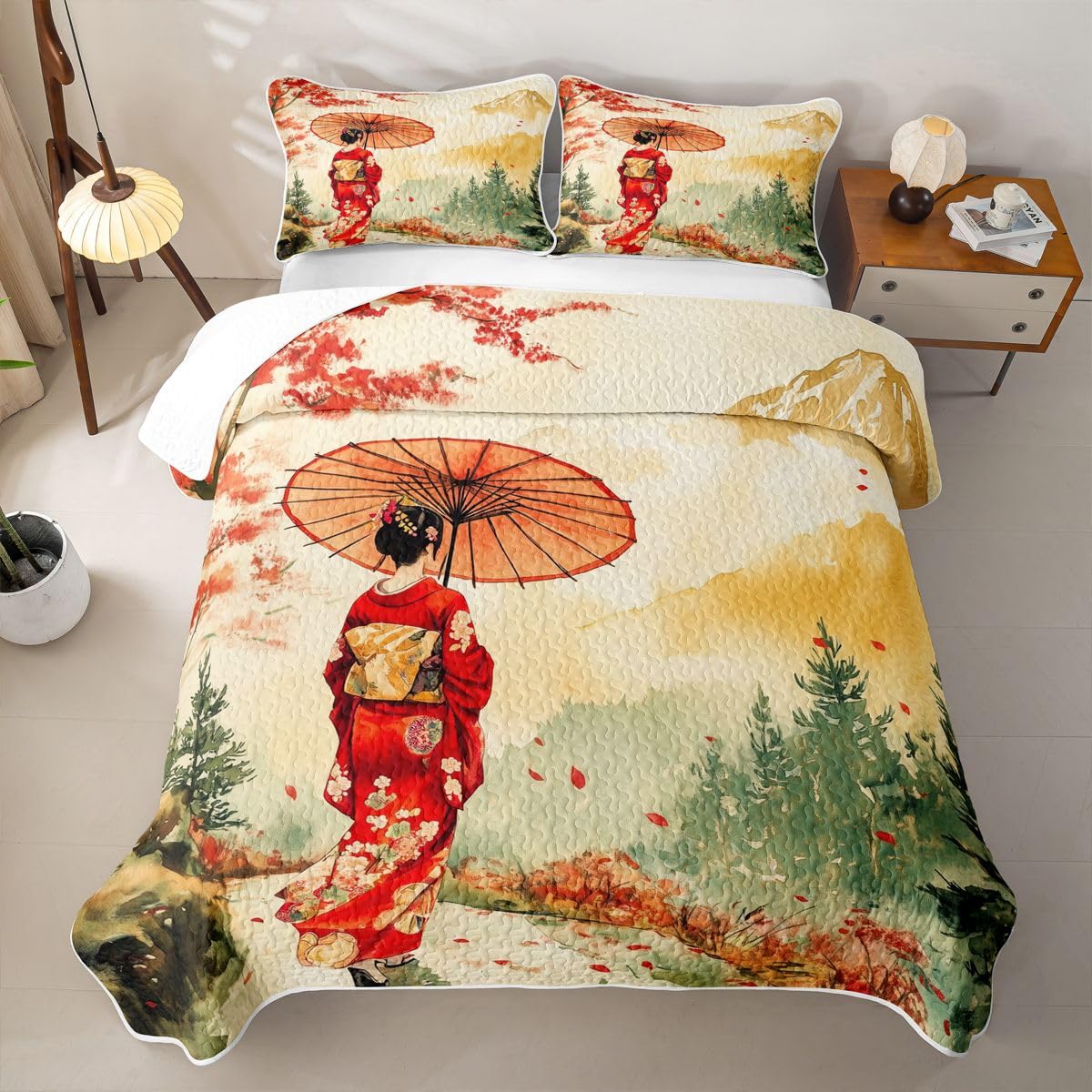 Erosebridal Geisha Quilts Twin Size - Japanese Geishas Girls Bedspread Coverlet Set, Natural Ink Painting Quilt Coverlets 2Pcs (Only 1 Pillowcase)