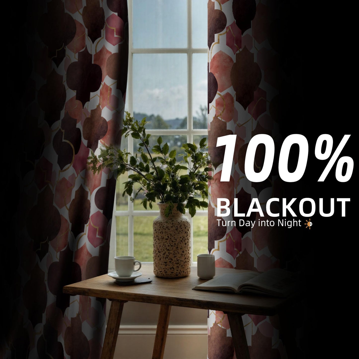 Tyrot Moroccan 100% Blackout Curtains for Bedroom Brown Red Abstract Geometric Black Out Curtains 96 inch Long 2 Panels Set Window Drapes Thermal Room Darkening Curtains for Living Room, 52Wx96L