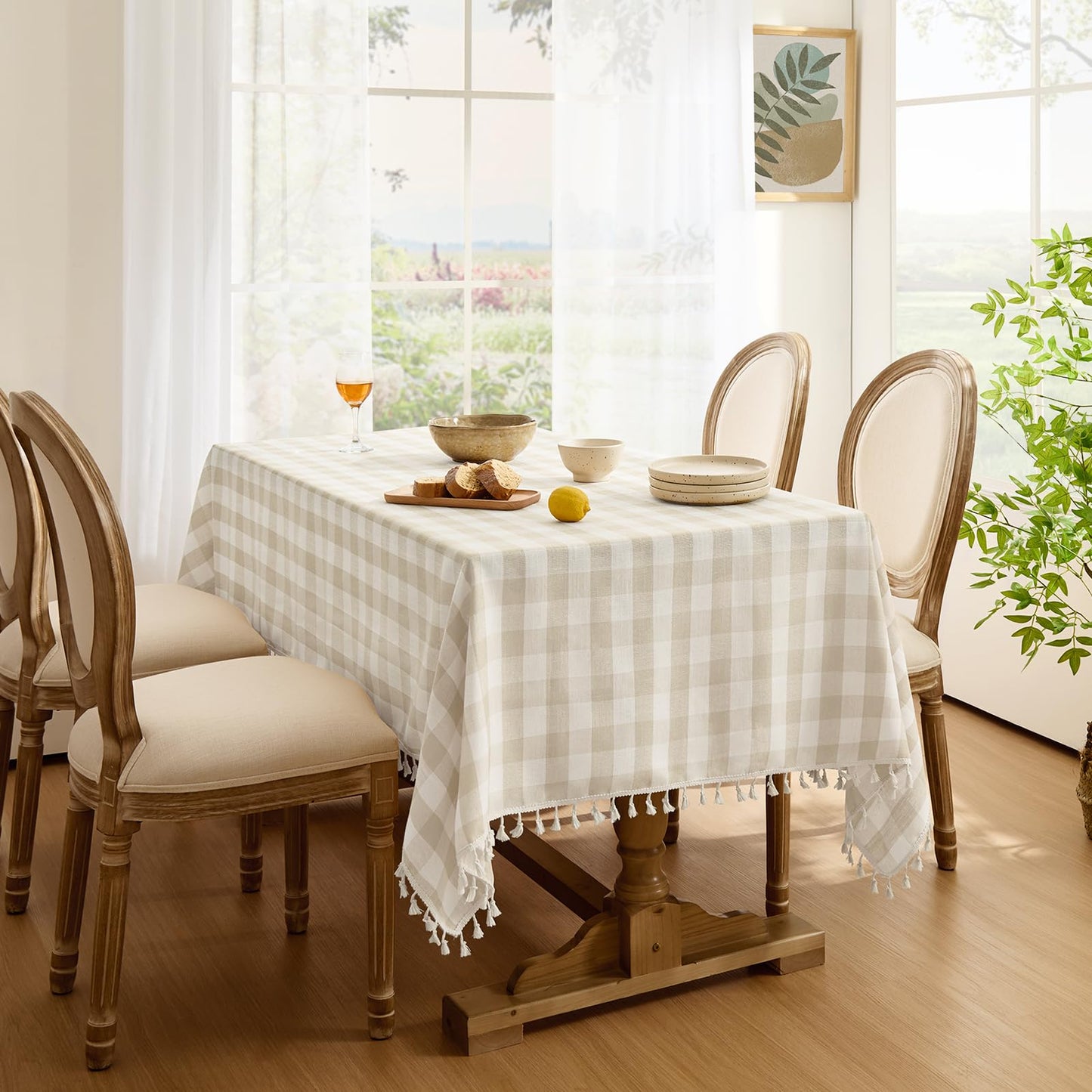 Softalker Checkered Tablecloth Rectangle, Outdoor Linen Cotton Gingham Table Cloth with Tassel, Heavy Duty Wrinkle Free Buffalo Plaid Table Cover for Kitchen Dining Summer Party - 55 x 120 Inch, Beige