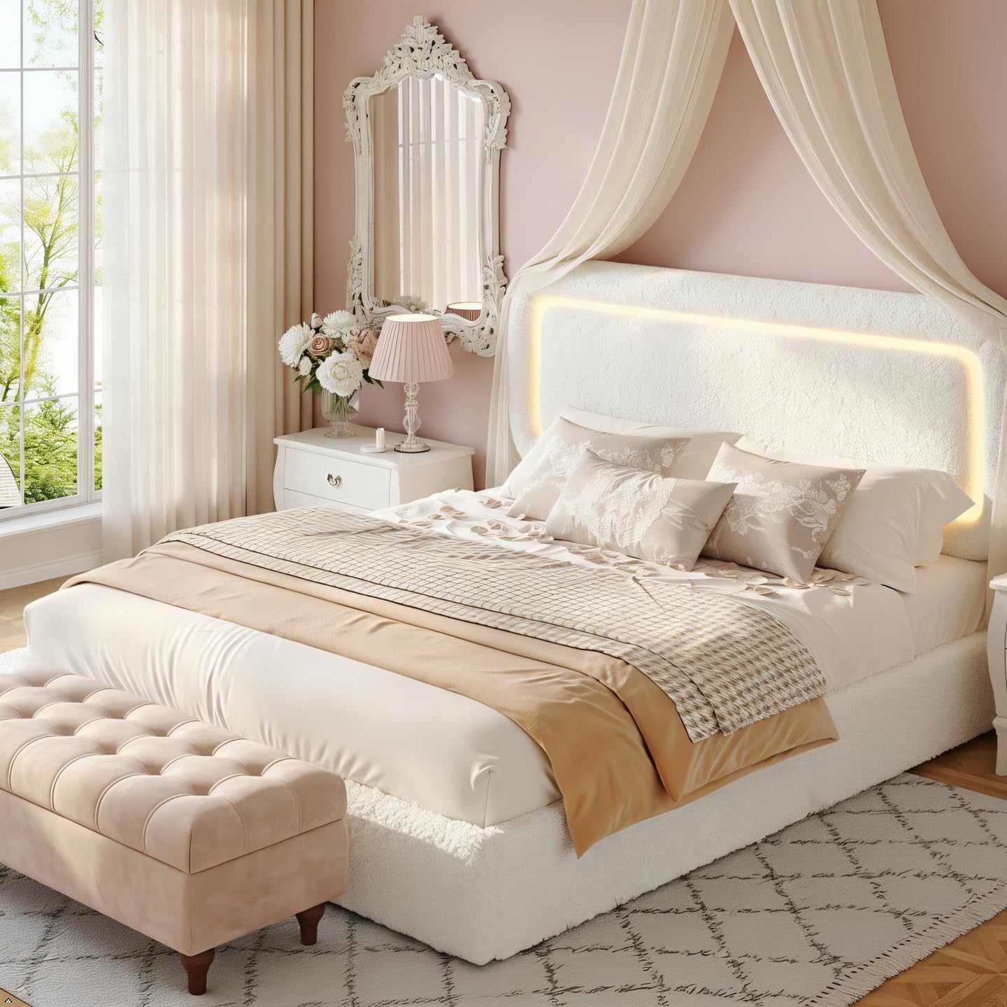 Homkdom Upholstered Full Size Bed Frame with Led Lights,Boucle Full Bed Frame,Soft Bed Frame Full with Headboard,Anti-Collision Round Corners,No Box Spring Needed,Modern,Cream White