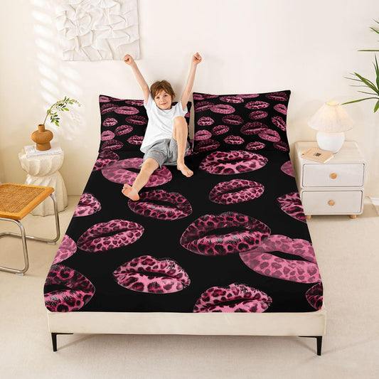 Feelyou Leopard Print Lips Fitted Sheet Full Size for Kids Boys Girls Cheetah Print Bed Sheets Set 16" Deep Pocket Soft Breathable Microfiber Kissing Lips Bedding with 2 Pillowcases Room Decor