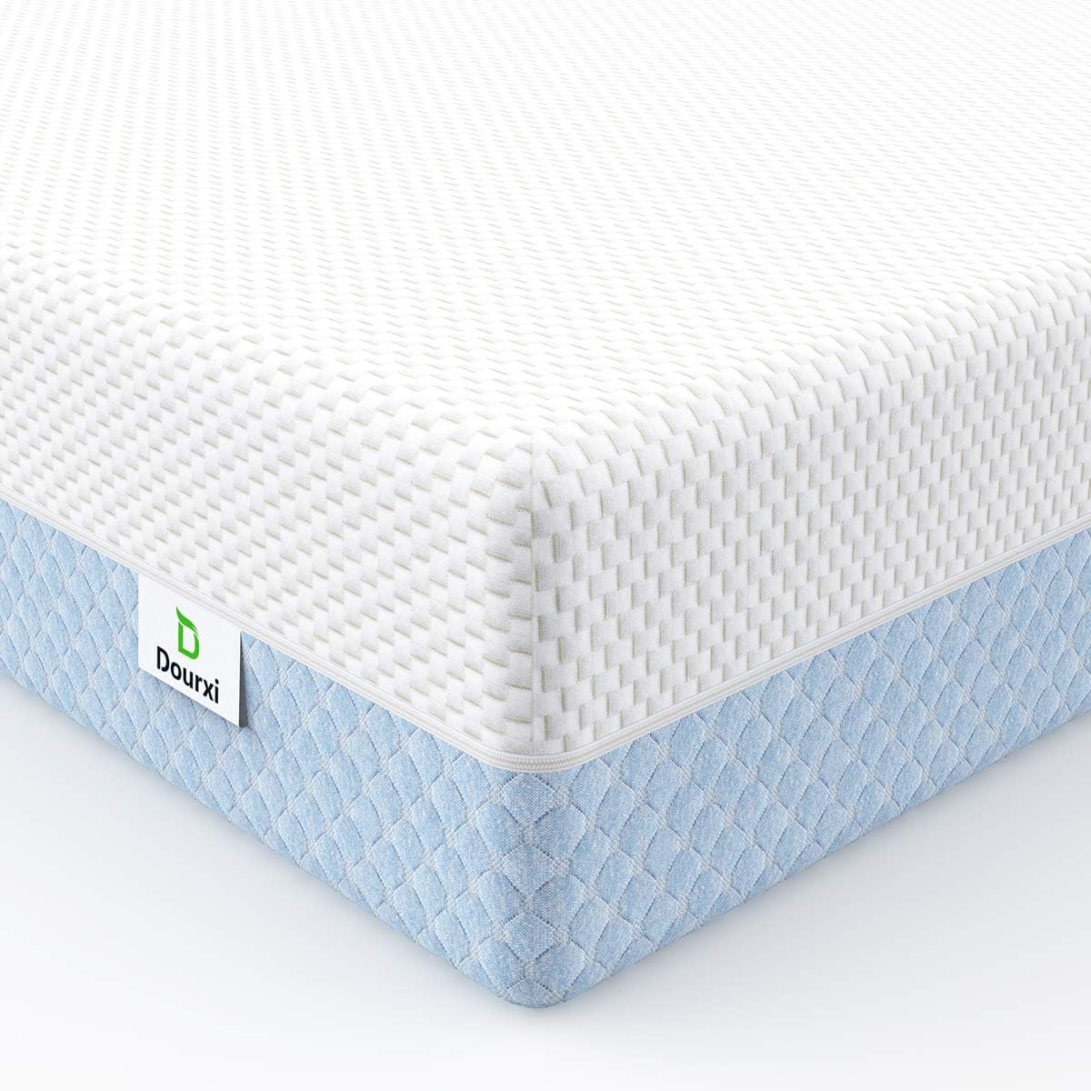 Dourxi Crib Mattress, Dual Sided Comfort Memory Foam Toddler Bed Mattress, Triple-Layer Breathable Premium Baby Mattresses for Infant and Toddler w/Removable Outer Cover - White&Blue