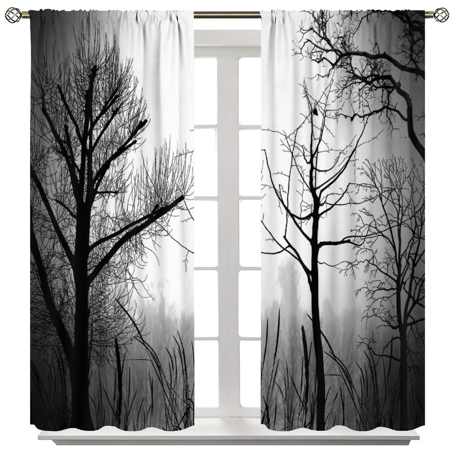 Gothic Black Pine Tree Forest Curtains - Mysterious Scenery, Gloomy Dark Dense Foggy Blackout Window Treatments for Living Room Bedroom - 42" W X 45" L