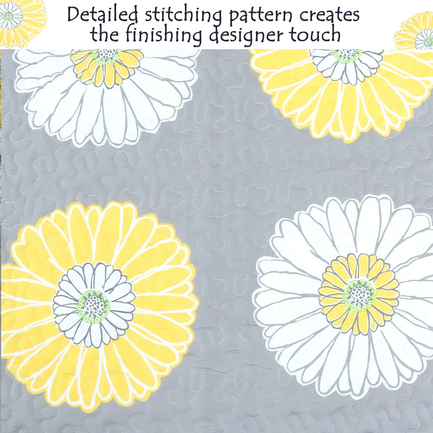 Cozy Line Home Fashions Yellow White Gray Daisy Sunflower Floral Reversible Quilt Bedding Set, Bedspread, Coverlet Lightweight for All Seasons (Sunflower, King - 3 Piece)