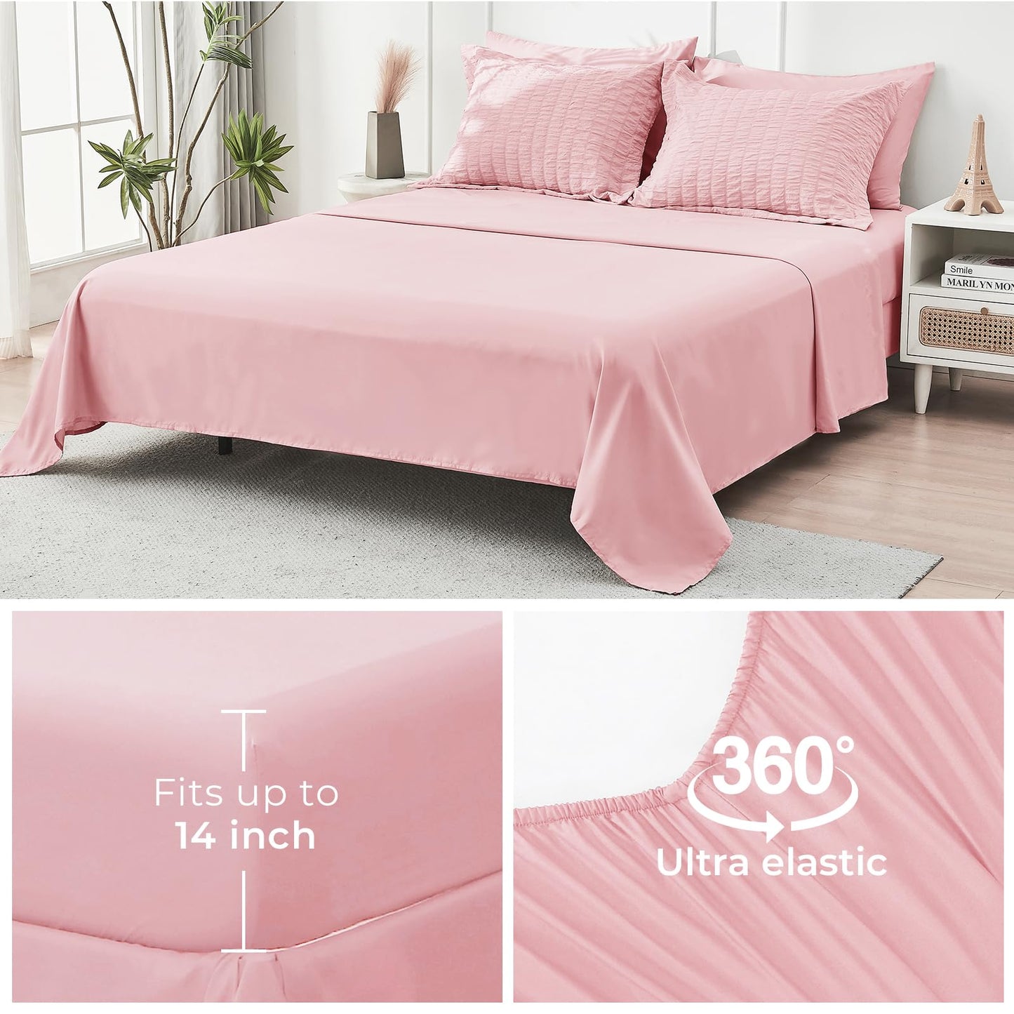 HYMOKEGE Pink Oversized Queen Comforter Set Seersucker 7 Pieces, All Season Luxury Bed in a Bag for Bedroom, Bedding Set with Comforter, Sheets, Pillowcases & Shams