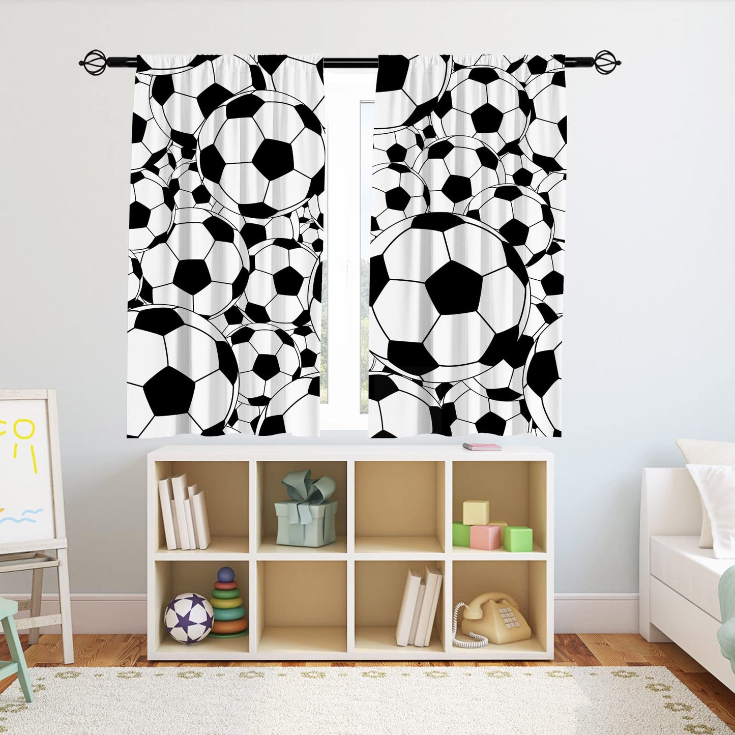 YUANZU Sport Curtains Rod Pocket Boys Kids Soccer Classical White and Black Football Balls Cartoon Print Pattern Window Drapes for Man Teen Nursery Baby Bedroom Playroom W42 x L63 Inch 2 Panels
