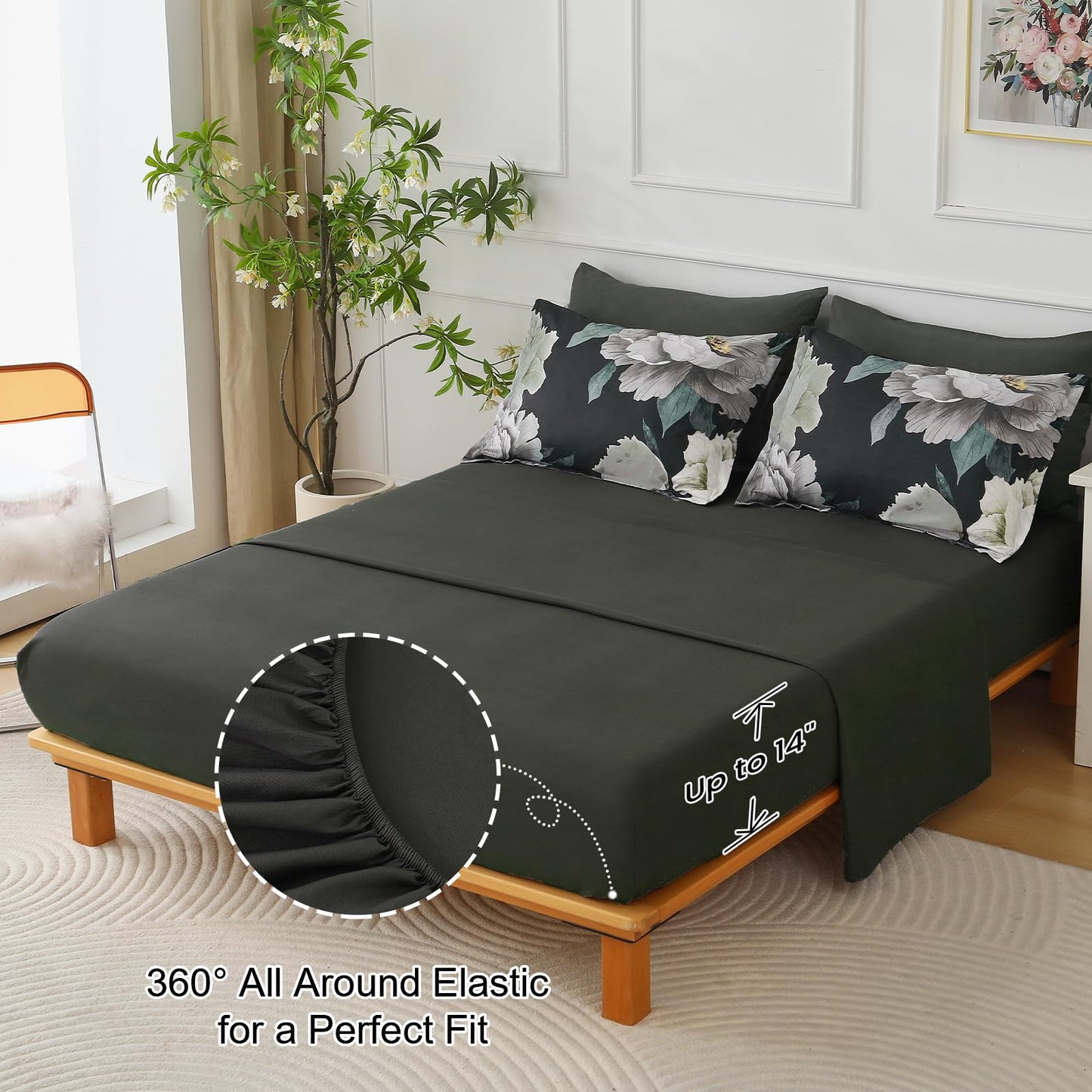 Dobuyly Black Comforter Set Queen 7 Piece Bed in a Bag, Floral Comforter Set with Sheets, Soft Microfiber Botanical Flower Bedding Set for All Season