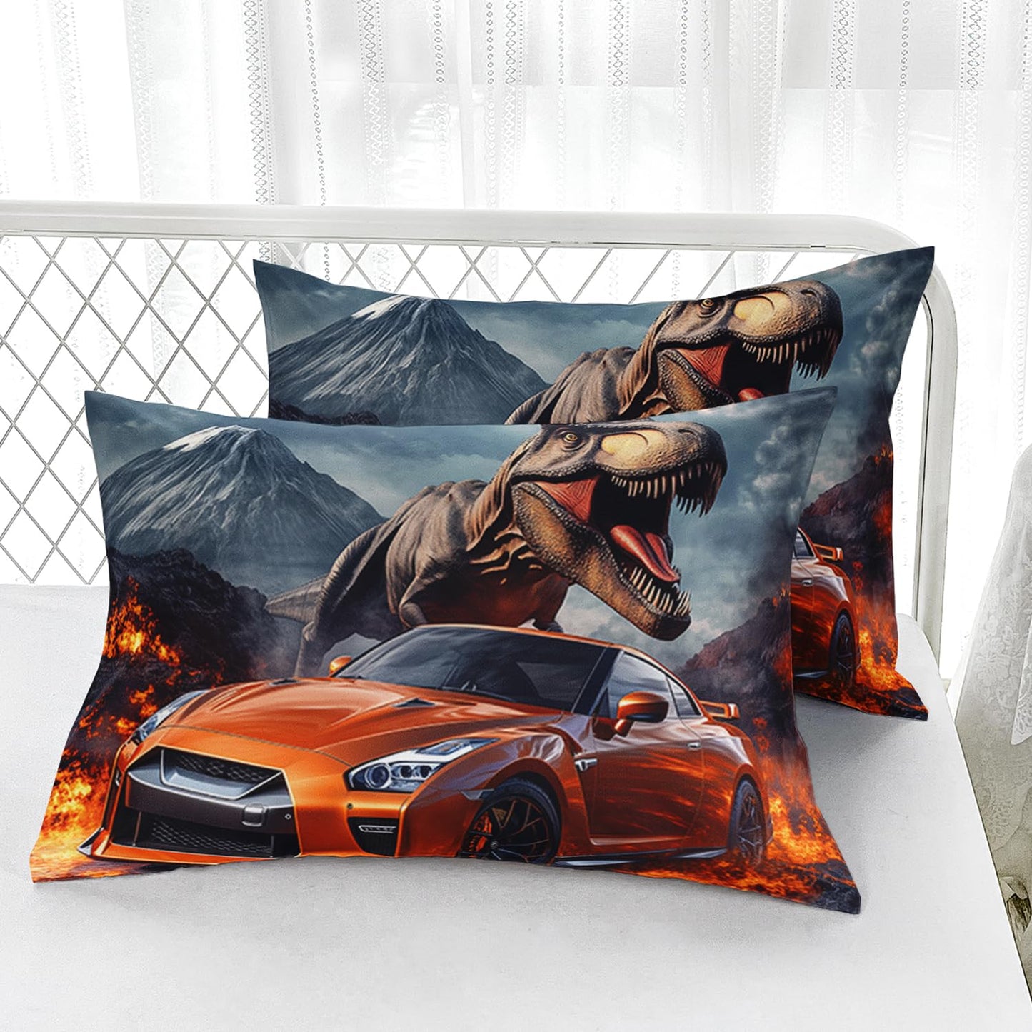 AILONEN Boys Racing Car & Dinosaur Bedding Set Twin Size,3-Piece Soft Kids Cool Dinosaur Speed Car Fitted Sheet with 2 Pillowcases