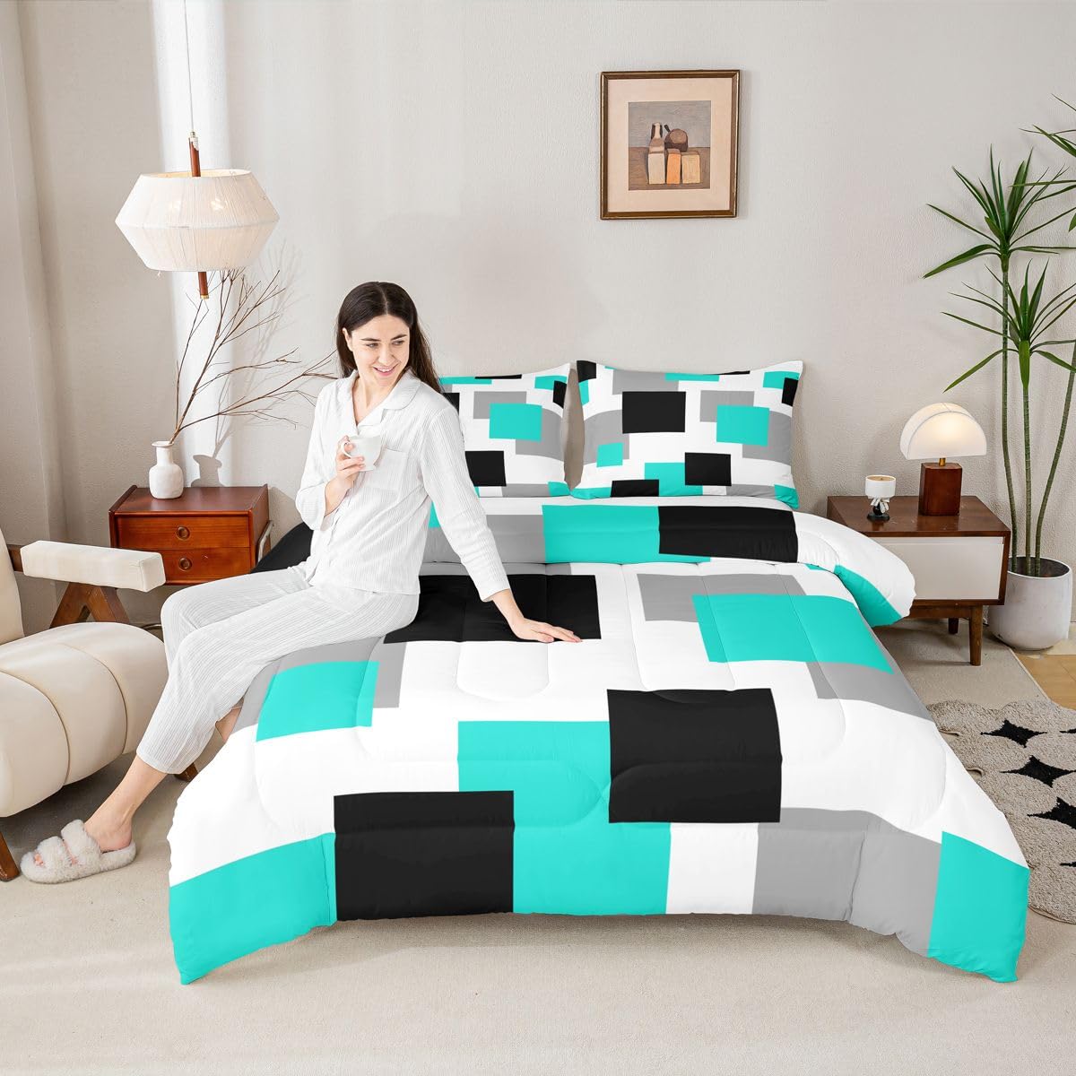 Castle Fairy Teal Grid Comforter Set Queen Size,Black Grey Geometric Down Alternative Adults Room Decor,Modern Abstract Square Splicing Ultra Soft Microfiber Inner Fill 3Pcs Bedding