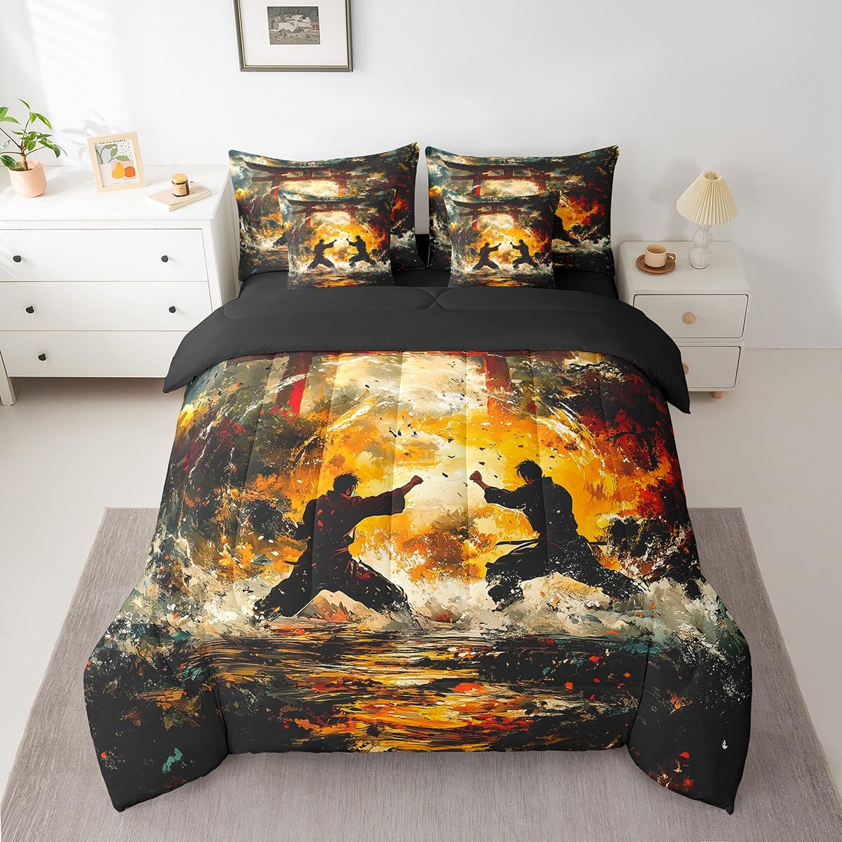 Feelyou Kids Taekwondo 7 Pieces Bedding Set Queen Size, Japanese Style Comforter Set with Sheets Samurai Bed in A Bag Boys Girls Kungfu Teens Bed Set Bedroom Decor 7Pcs