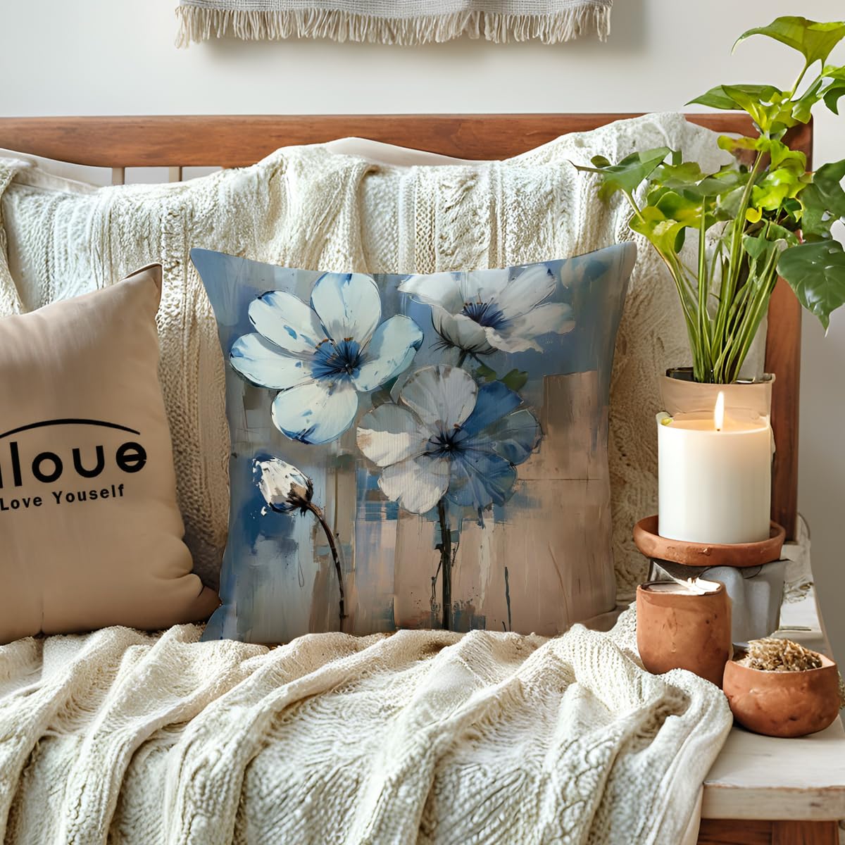 ULOVE LOVE YOURSELF 2Pack Flowers Decorative Pillow Covers Modern Blue Poppy Design Cushion Covers Oil Painting Pretty Floral Pillowcases 18 x 18 Inch Farmhouse Spring Summer Decorations (Blue)