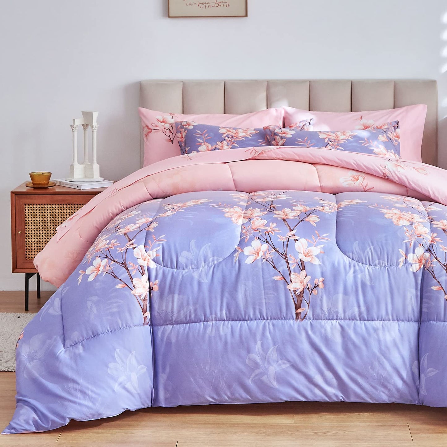 AIKASY Pink and Light Purple Queen Comforter Set with Sheets,Bed in a Bag 7-Pieces,Branches and Flowers Printing Design,Ultra Soft Down Alternative All Season Bedding Set(Queen,Blossom Stem)