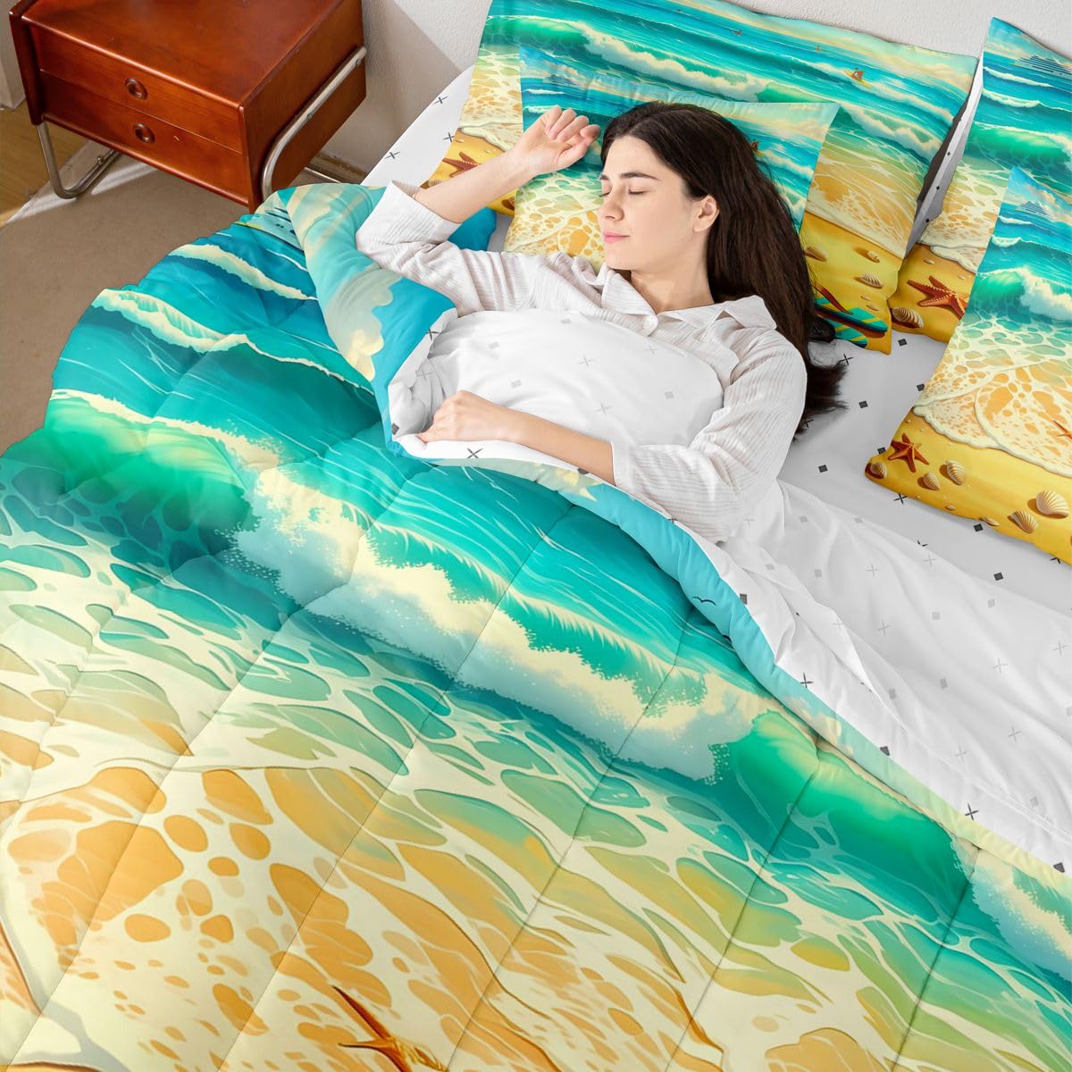 Erosebridal Tropical Beach Queen Bedding Set Cute Coastal Starfish Seashell Comforter Set Kids Adults Nautical Ocean Wave 7-Piece Bed in a Bag Turquoise Yellow Summer Vacation Art Quilt Sets