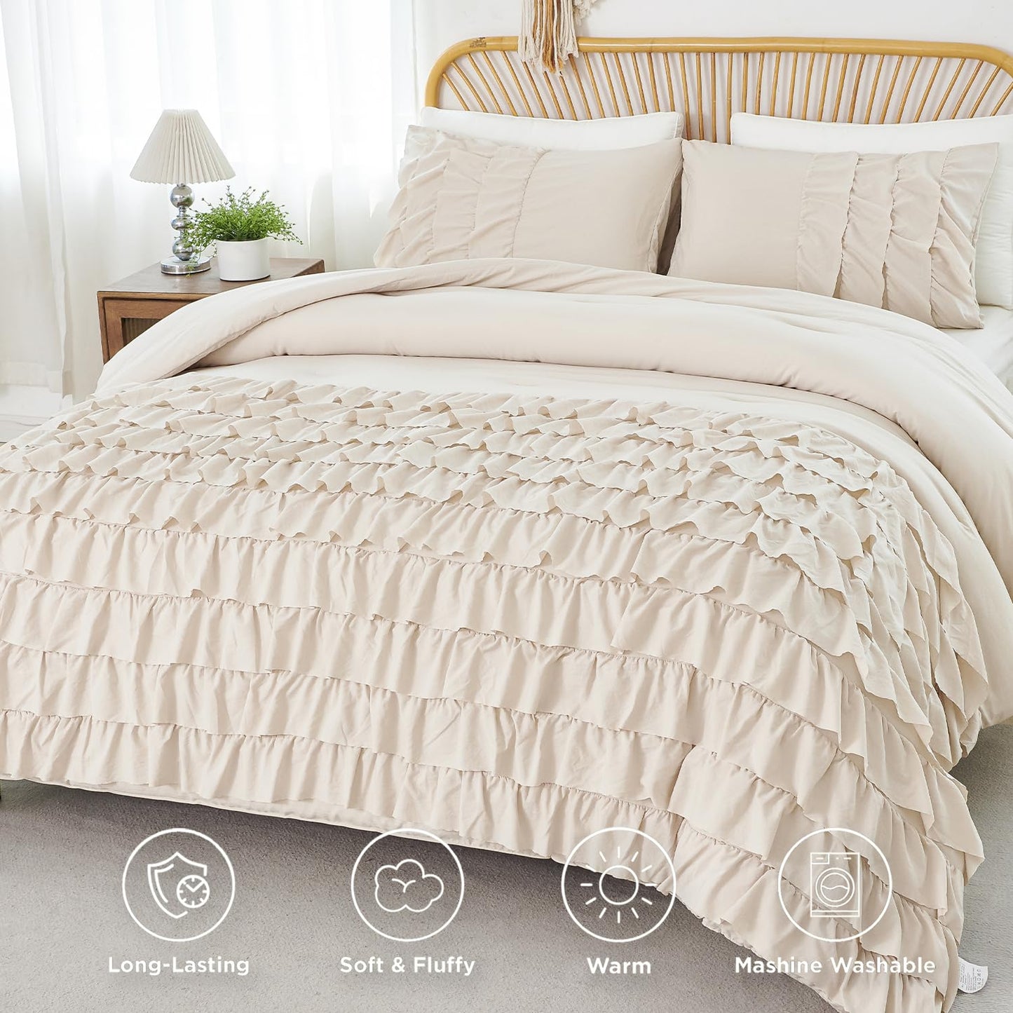 PERFEMET Queen Comforter Set 3 Pieces Beige Ruffled Comforter Set Shabby Chic Bedding Sets for Women Teen Girls Fluffy for All Season