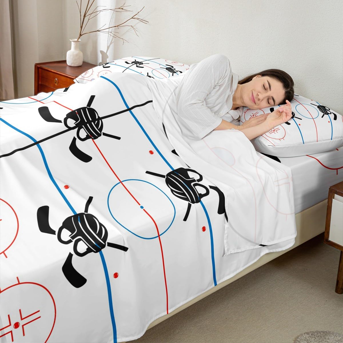Hockey Stadium Kids Sheet Full Size,Ice Hockey Rink Bedding Set for Boys Girls Adults,Winter Event Sports Lovers Abstract Vivid White Bed Sheet Set 4pcs(Fitted Sheet + Flat Sheet + 2 Pillowcases)