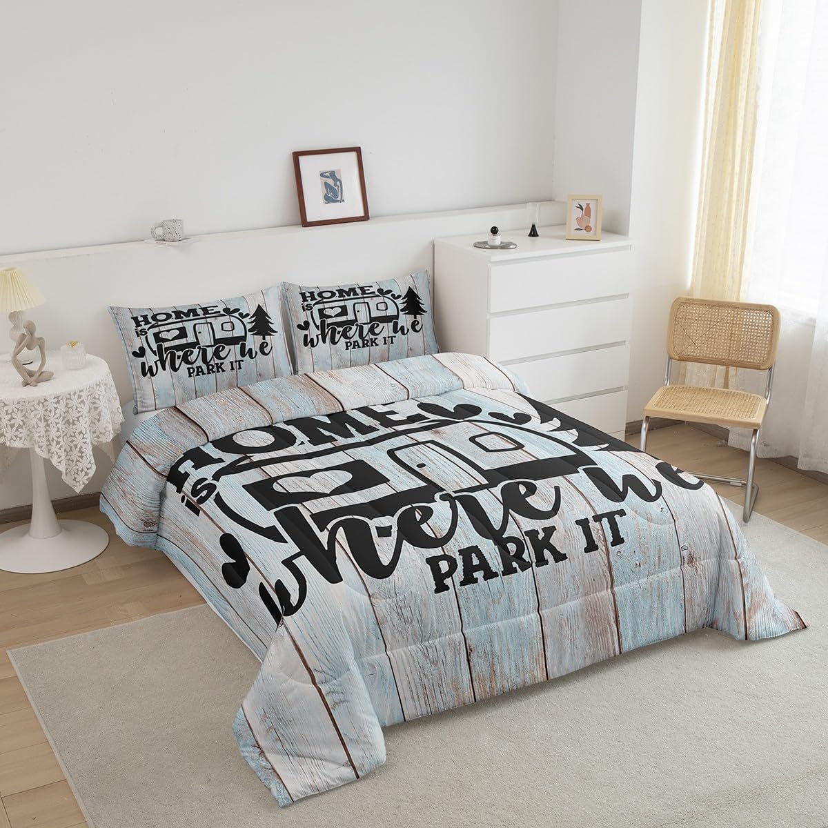 Farmhouse Rustic Camping Queen Size Comforter Set,Funny Home Where We Park It Bedding Set with 2 Pillowcases,Explore Camper Gifts RV Life Breathable Durable Inner Fill Polyester Bedspread