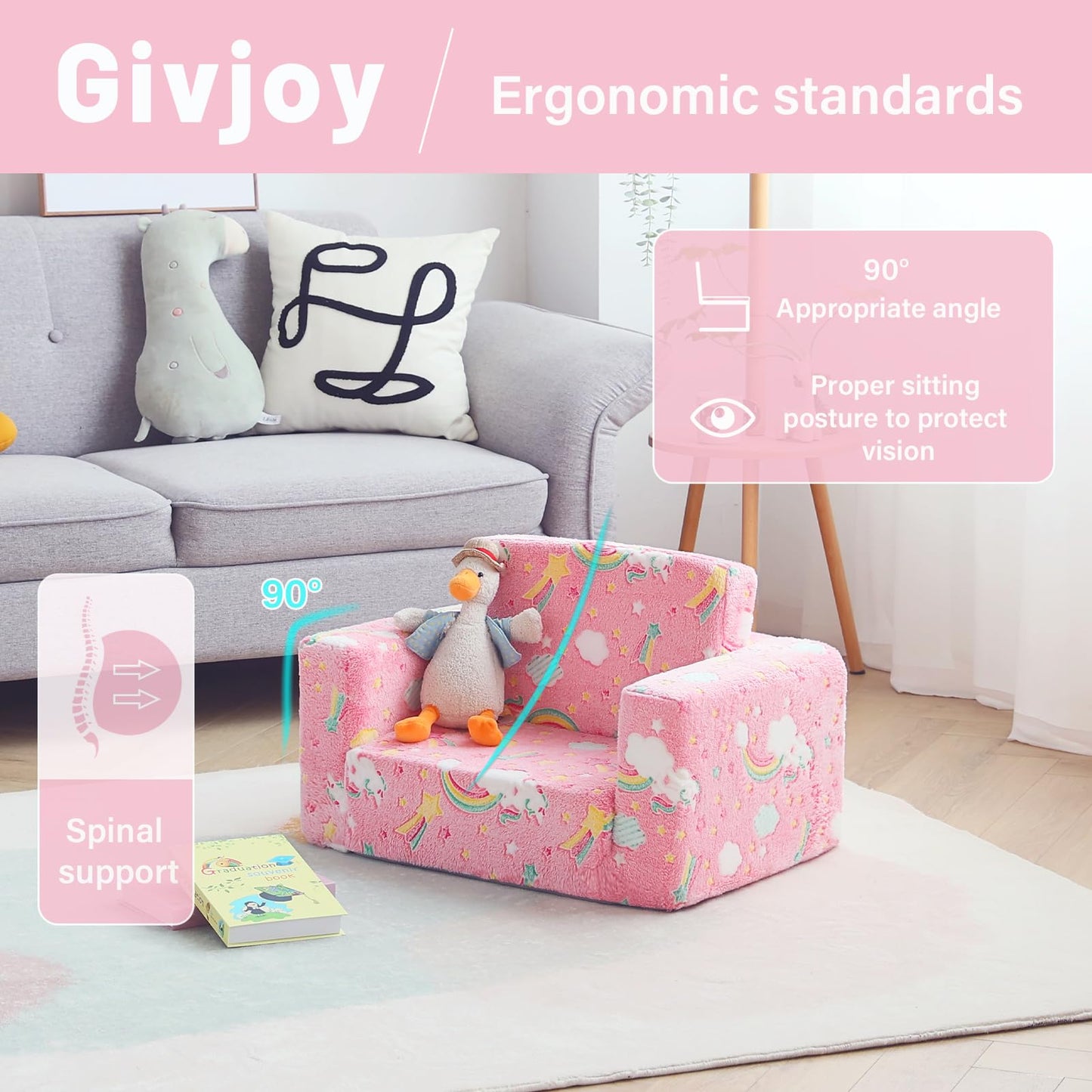 Givjoy Kids Sofa Toddler Chair, Children Couch with Side Pockets 2 in 1 Glow in Dark Armchair with Removable and Washable Cover Carrying Handle Kids Reading Sofa for Playroom, Pink Rainbow