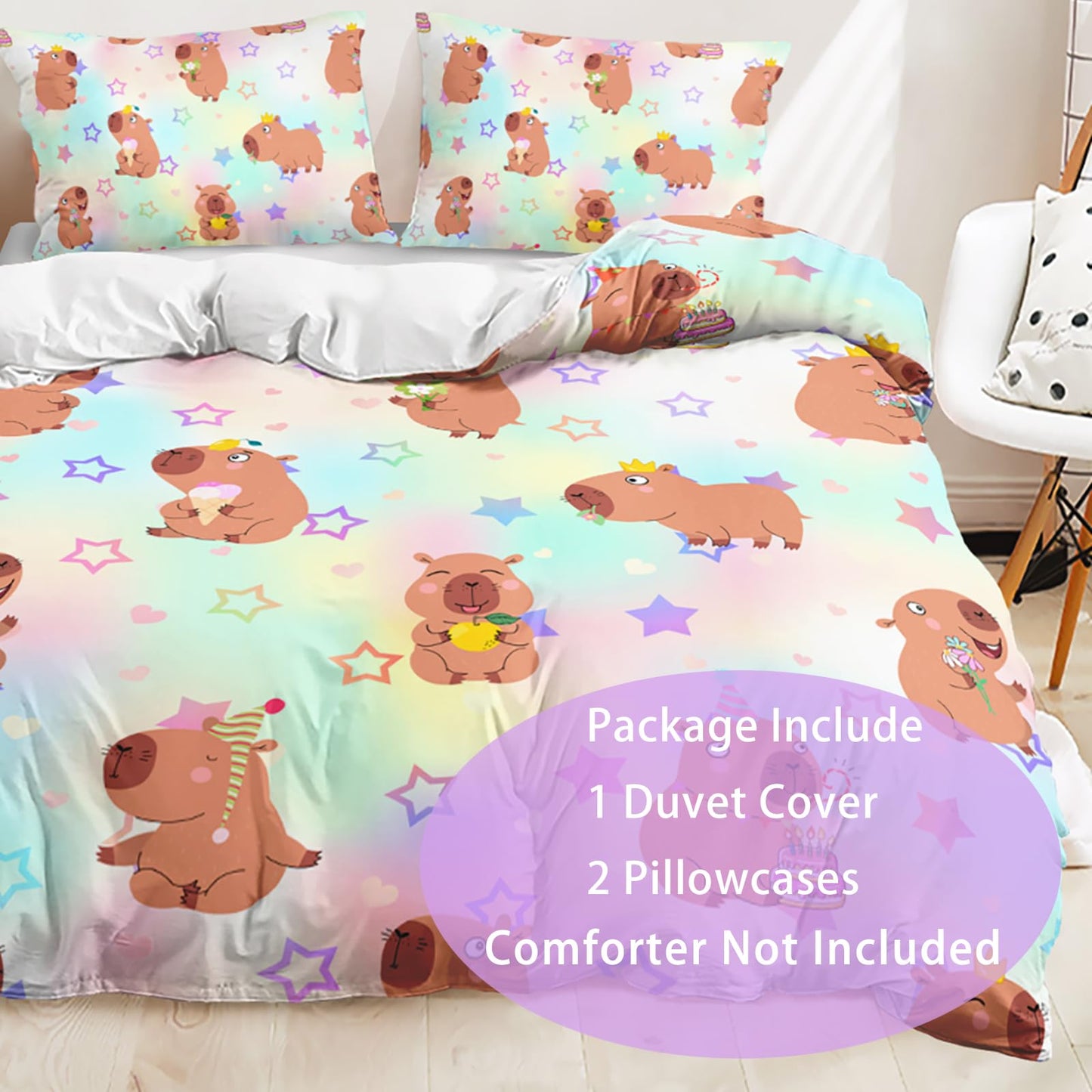 AILONEN Kawaii Capybara Duvet Cover Set Full Size,Cute Cartoon Capybara Rainbow Bedding Set for Girls Kids,Lovely Animal Star Quilt Cover & 2 Pillowcases-3 Pieces