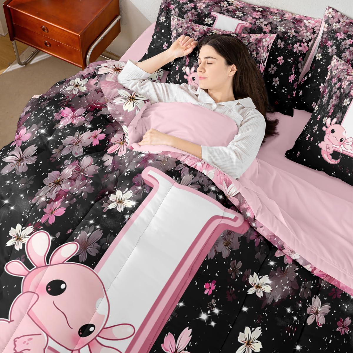 Erosebridal Japanese Cherry Blossom Bedding Set (Twin Size,7 Pieces) Cute Initial Axolotl Comforter Set with Sheets for Teen Girl Pink Axolotl Bed in A Bag with Letter I Design Monogram Duvet Insert