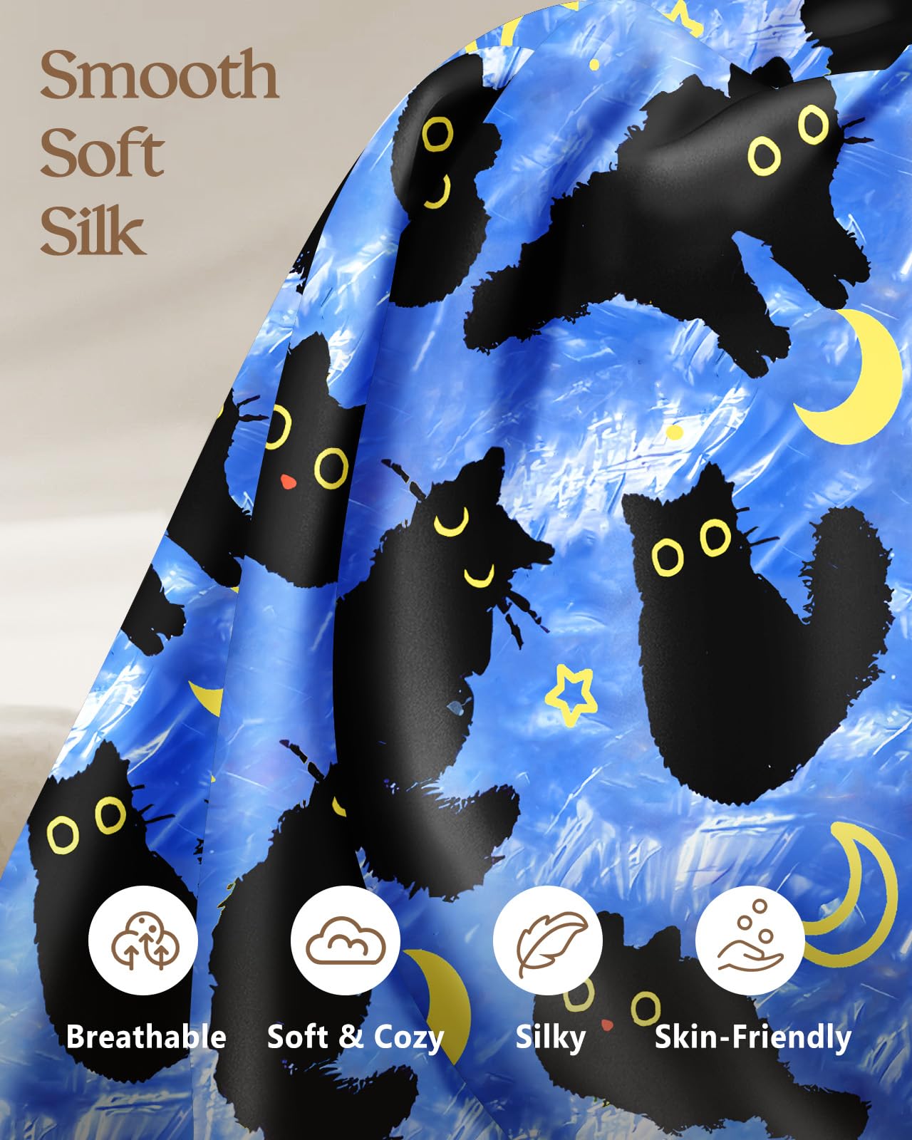 Miss Adola Silk Pillowcase 2 Pack - Cute Pillow Cases 20" x 26" Standard Size Set of 2 for Hair and Skin Smooth Soft Breathable with Hidden Zipper Cooling Pillow Covers for Sleeping, Blue Moon Cat