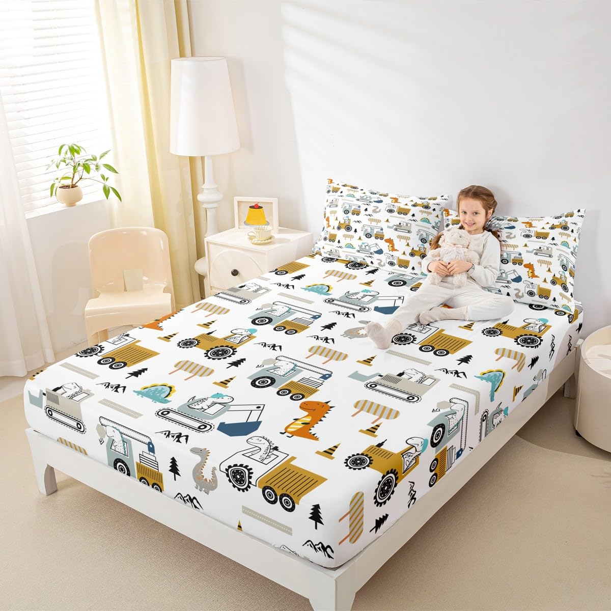 Feelyou Construction Bed Sheets Set Full Size Equipment Trucks Sheet Set for Kids Boys Girls Decor Dinosaur Sheets with Deep Pocket Fitted Sheet 3D Digital Print Yellow Bedding Set Bedroom