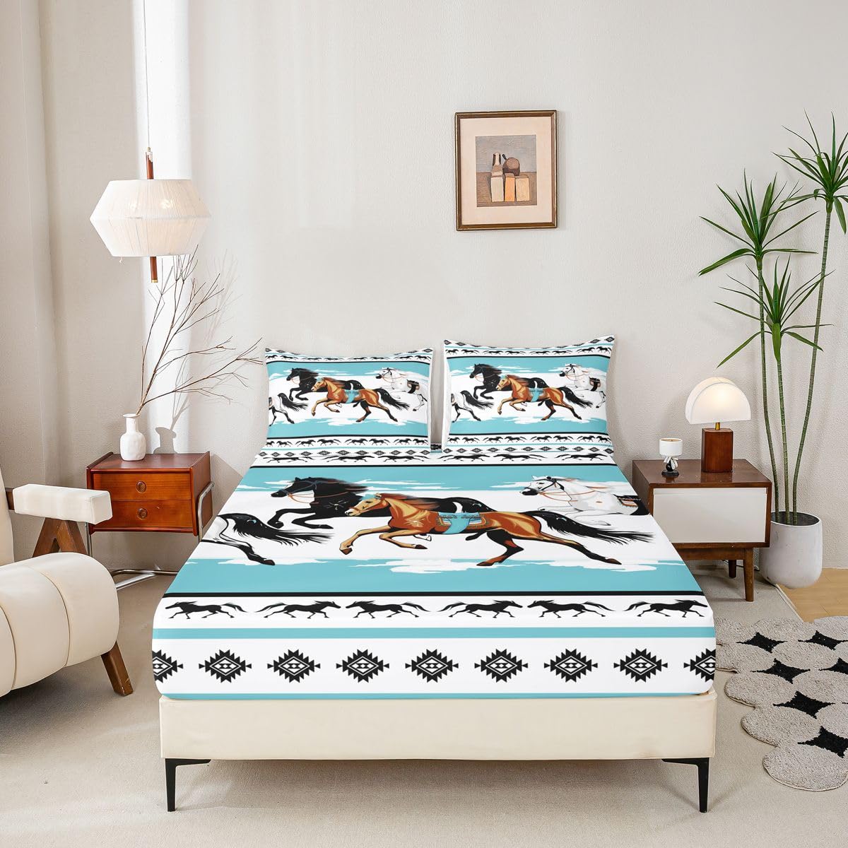 jejeloiu Horses Bed Sheets Set Queen Size Tribal Farm Sunset Run Bed Set Farmhouse Wildlife Deep Pocket Fitted Sheet Southwestern Native Aztec Breathable Soft Lightweight Microfiber