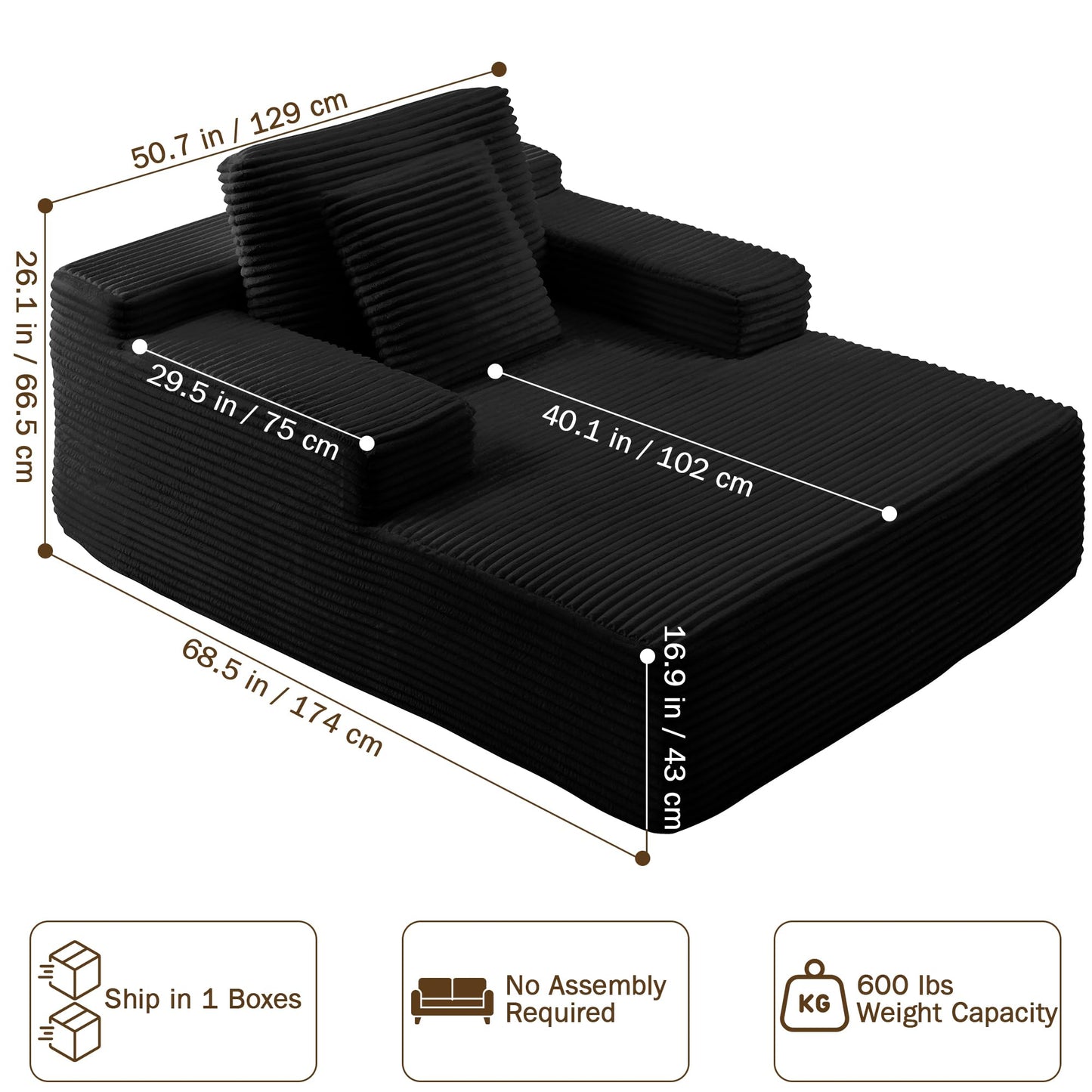 68.5" Oversized Chaise Lounge Chair Indoor, Boneless Sleeper Sofa Bed with Pillows, Deep Seat Sleeper Couch Reading Chairs, Cloud Sofas Couches for Living Room, No Assembly Required