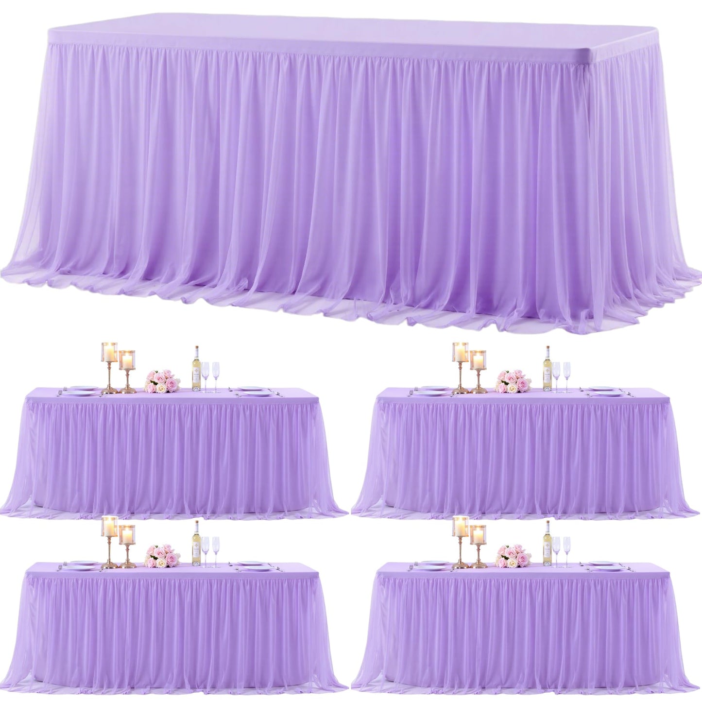 Suppromo 4 Pack 6ft Lavender Tulle Tablecloths for Rectangle Tables, 6 Foot Rectangular Table Cloth Wrinkle Free Table Cover with Tutu Skirt for Wedding Baby Shower Birthday Party Banquet Buffet Cake