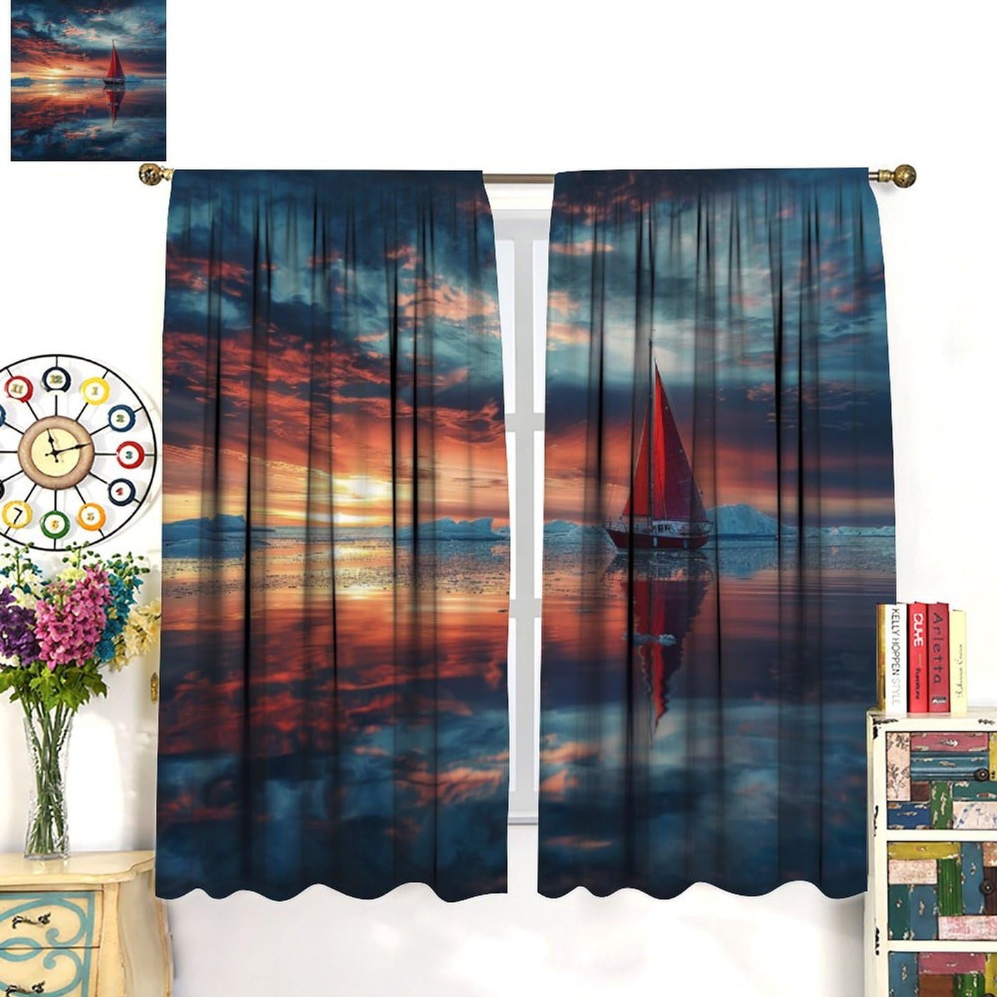 TOWINSFB Classic Ocean Sailboat Blackout Curtains for Living Room Bedroom, Colorful Sky Cloud Sunset Scenery Window Curtains Rod Pocket Thermal Insulated Window Drapes, 2 Panels, Each 21W x 45L
