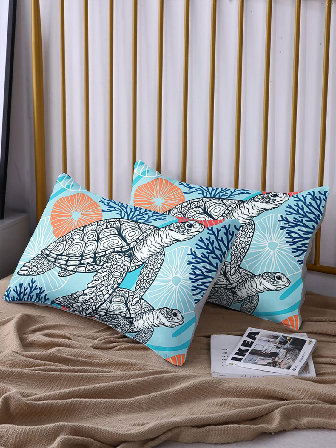 HOSIMA Sea Turtle Bedding Set,Coastal Beach Themed Bedroom Fitted Sheet Queen Size for Kids Teen Girls Boys Room Decor,1 Fitted Sheet+2 Pillowcases.