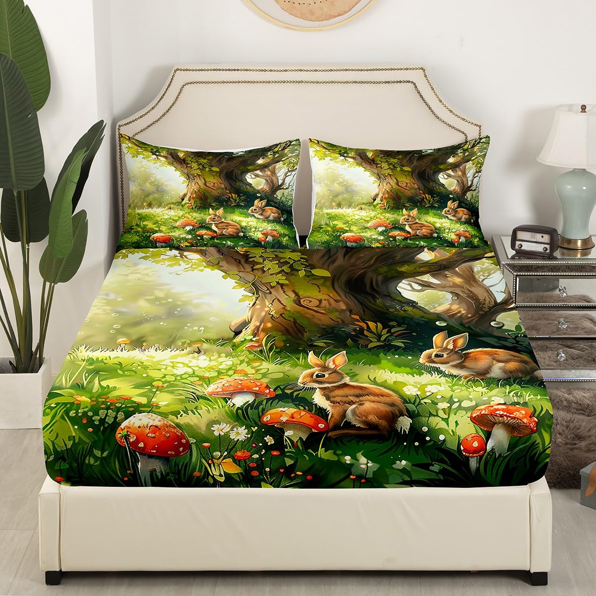 Castle Fairy Rabbit Bed Sheets Full Size,Red Mushroom Fitted Sheet for Kids Girls Boys Teens Room Decor,Wild Animals Plants Bedding Sets 4Pcs,Cartoon Nature Garden Top Flat Sheet,2 Pillowcases