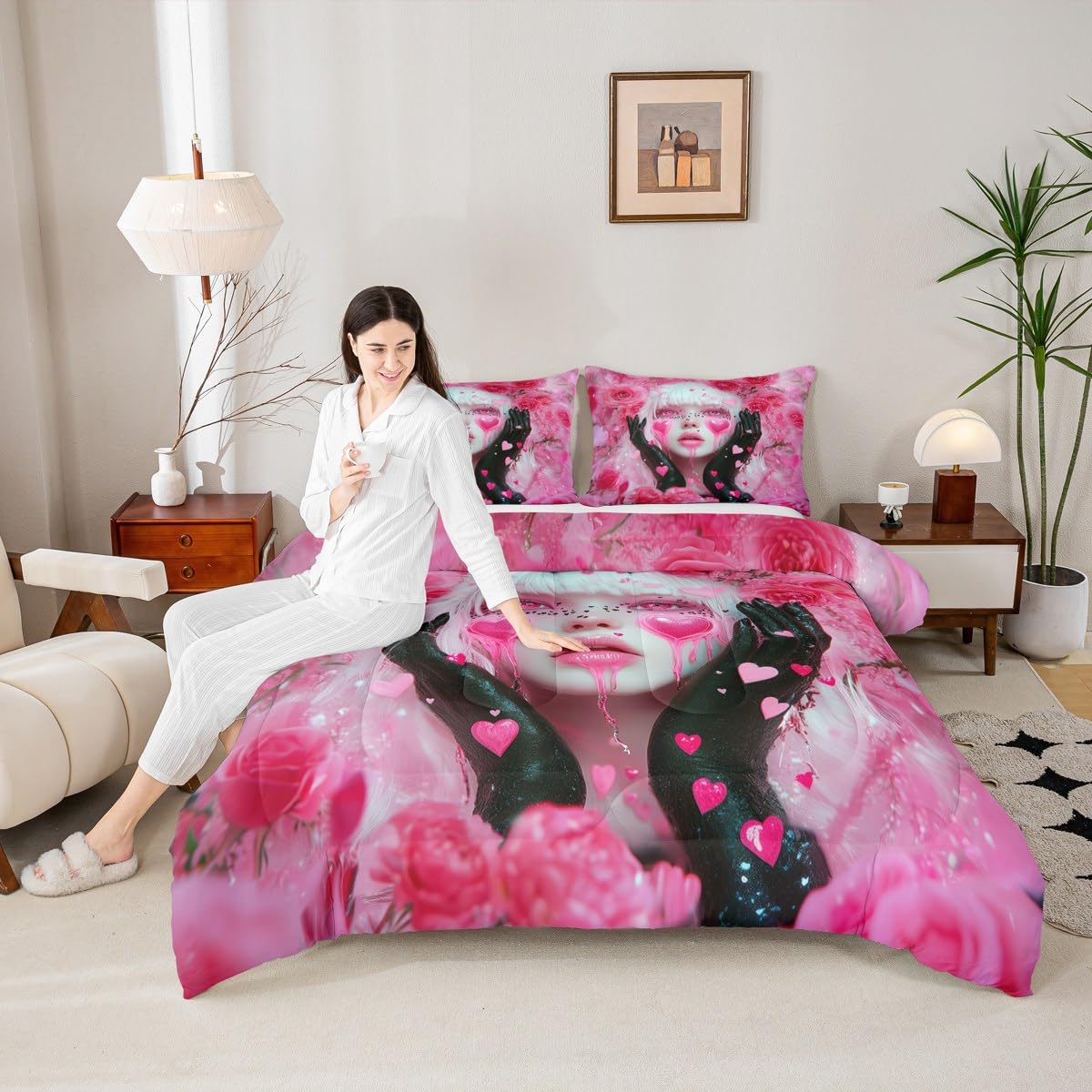 Erosebridal Pink Girl Comforter Set Twin Size Romance Rose Flowers Toddler Bedding Sets for Girls Anime Bedding Set, Modern Fashion Lady Art Duvet Insert Love Hearts Quilt with 1 Pillowcase