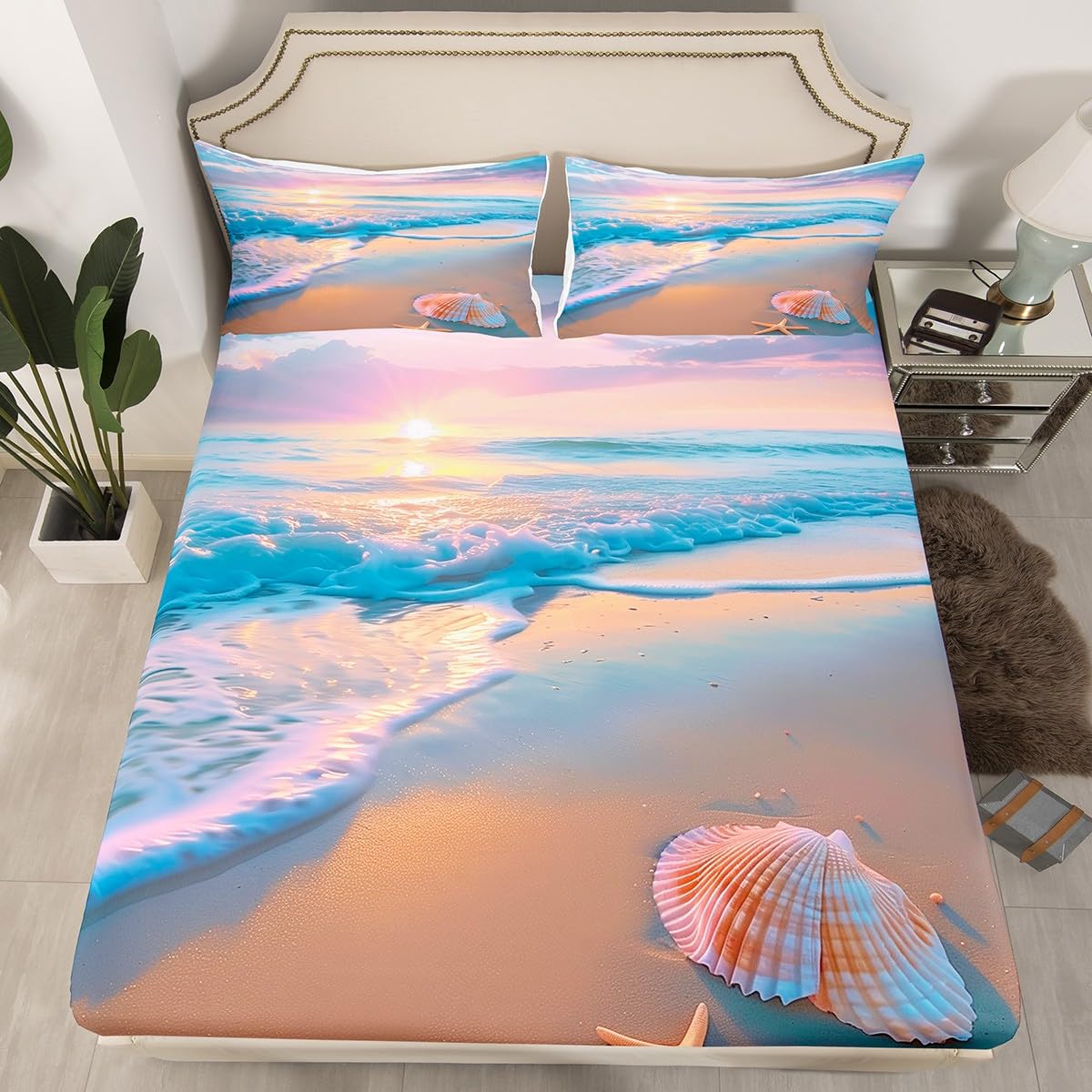 jejeloiu Beach Theme Fitted Sheet Full Size Kids Summer Sea Ocean Sunset Bed Sheets Set for Boys Girls Teens Wave Coastal Starfish Seashell Natural Scenery Bedding Set Room Decor